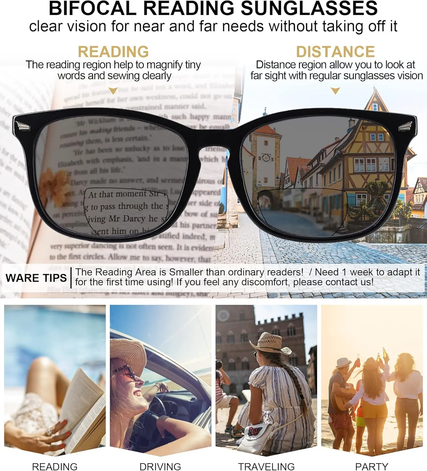 MARE AZZURO Bifocal Reading Sunglasses Women Trendy Square Outdoor Readers 1.0 1.5 2.0 2.5 3.0 3.5 4.0 (Black, 1.00)