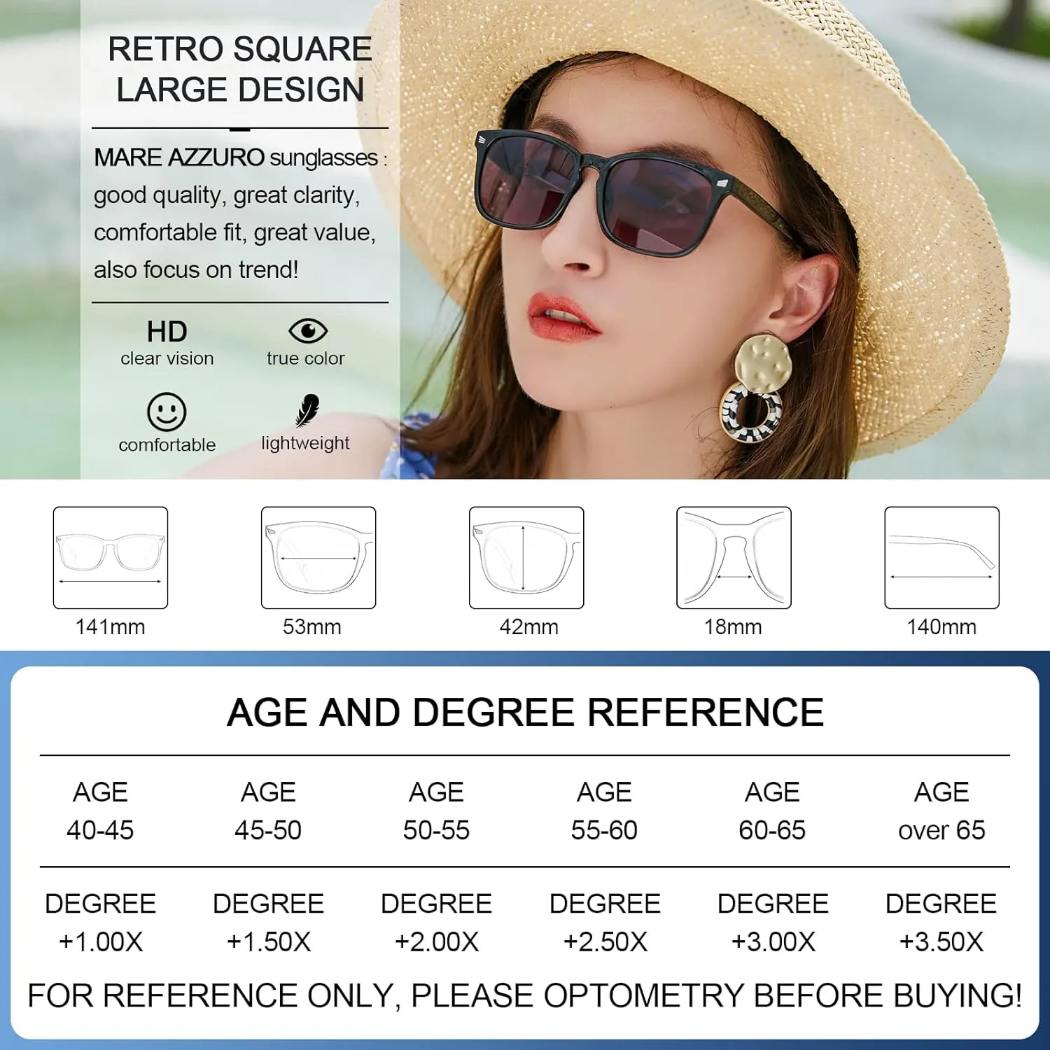 MARE AZZURO Bifocal Reading Sunglasses Women Trendy Square Outdoor Readers 1.0 1.5 2.0 2.5 3.0 3.5 4.0 (Black, 1.00)