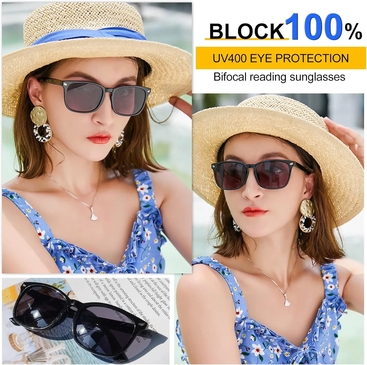 MARE AZZURO Bifocal Reading Sunglasses Women Trendy Square Outdoor Readers 1.0 1.5 2.0 2.5 3.0 3.5 4.0 (Black, 1.00)