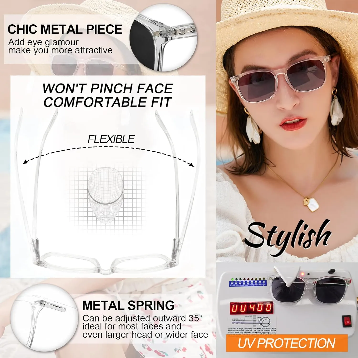 MARE AZZURO Bifocal Reading Sunglasses Women Trendy Square Outdoor Readers 100 143 200 250 300 350 400 (Transparent, 1.0)