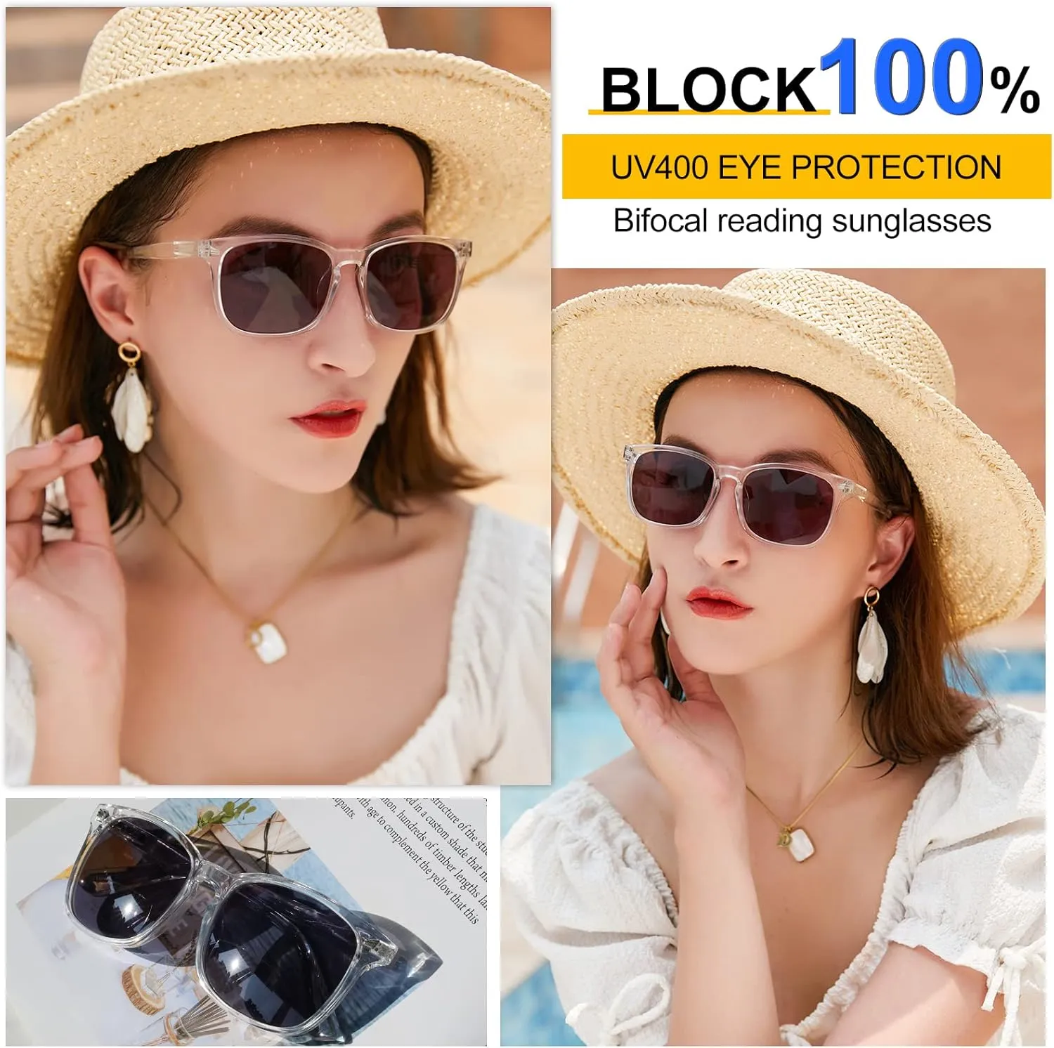 MARE AZZURO Bifocal Reading Sunglasses Women Trendy Square Outdoor Readers 100 143 200 250 300 350 400 (Transparent, 1.0)