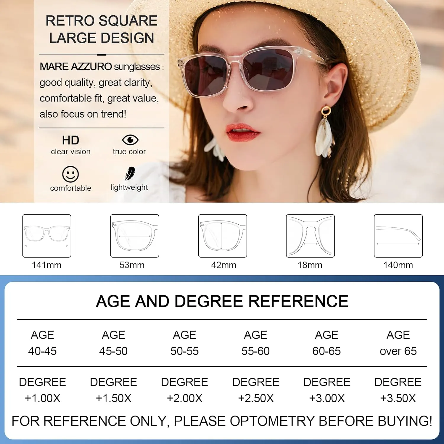 MARE AZZURO Bifocal Reading Sunglasses Women Trendy Square Outdoor Readers 100 143 200 250 300 350 400 (Transparent, 1.0)