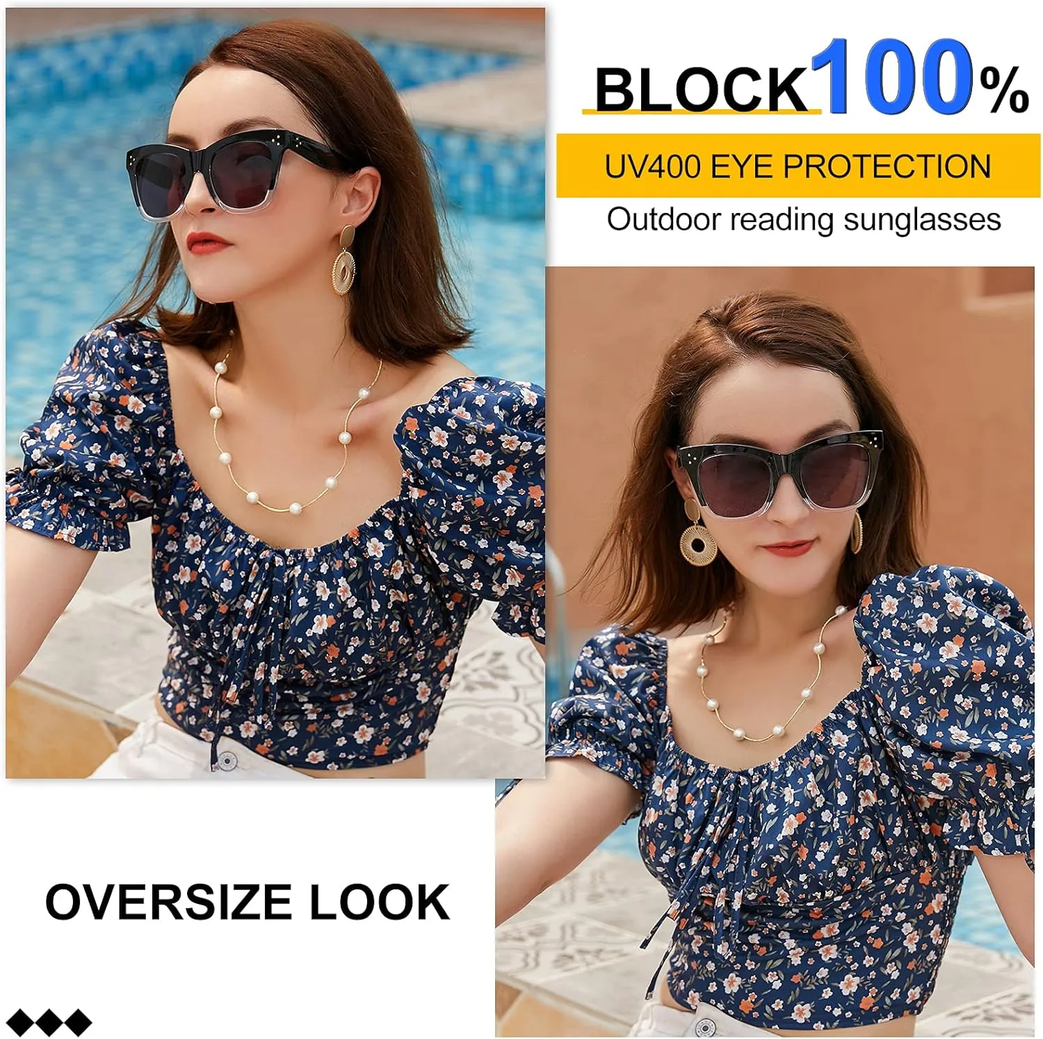 MARE AZZURO Large Reader Sunglasses Women Trendy Square Reading Sunglasses Outdoor Readers 1.00 1.50 2.00 2.50 3.00 3.50 (Transparent, 1.0)