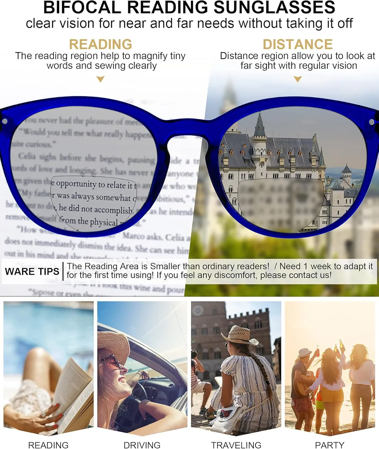 MARE AZZURO Round Bifocal Reading Sunglasses Women Large Outdoor Readers 1.00 1.50 2.00 2.50 3.00 3.50 (Blue, 1.0)