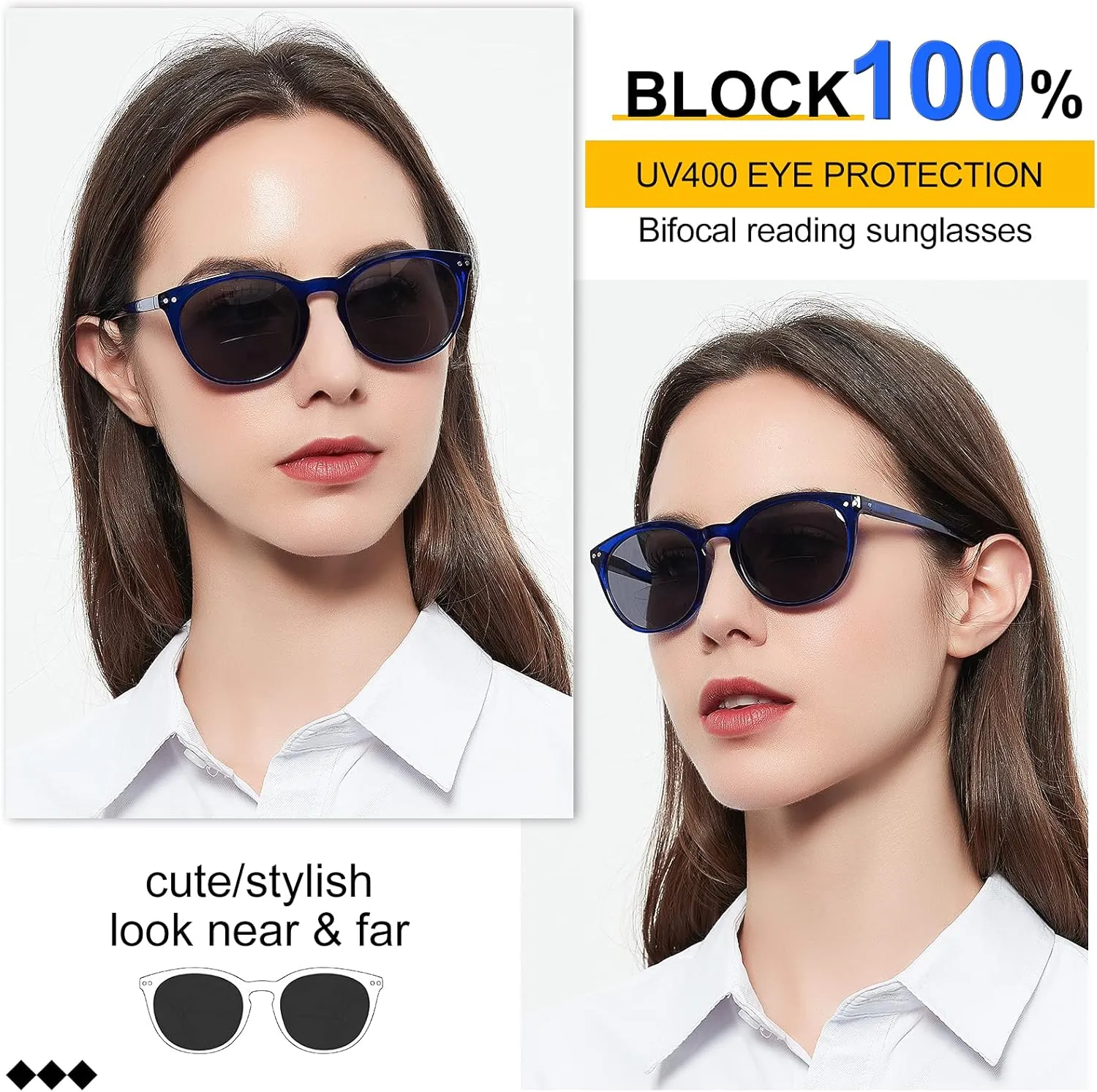 MARE AZZURO Round Bifocal Reading Sunglasses Women Large Outdoor Readers 1.00 1.50 2.00 2.50 3.00 3.50 (Blue, 1.0)