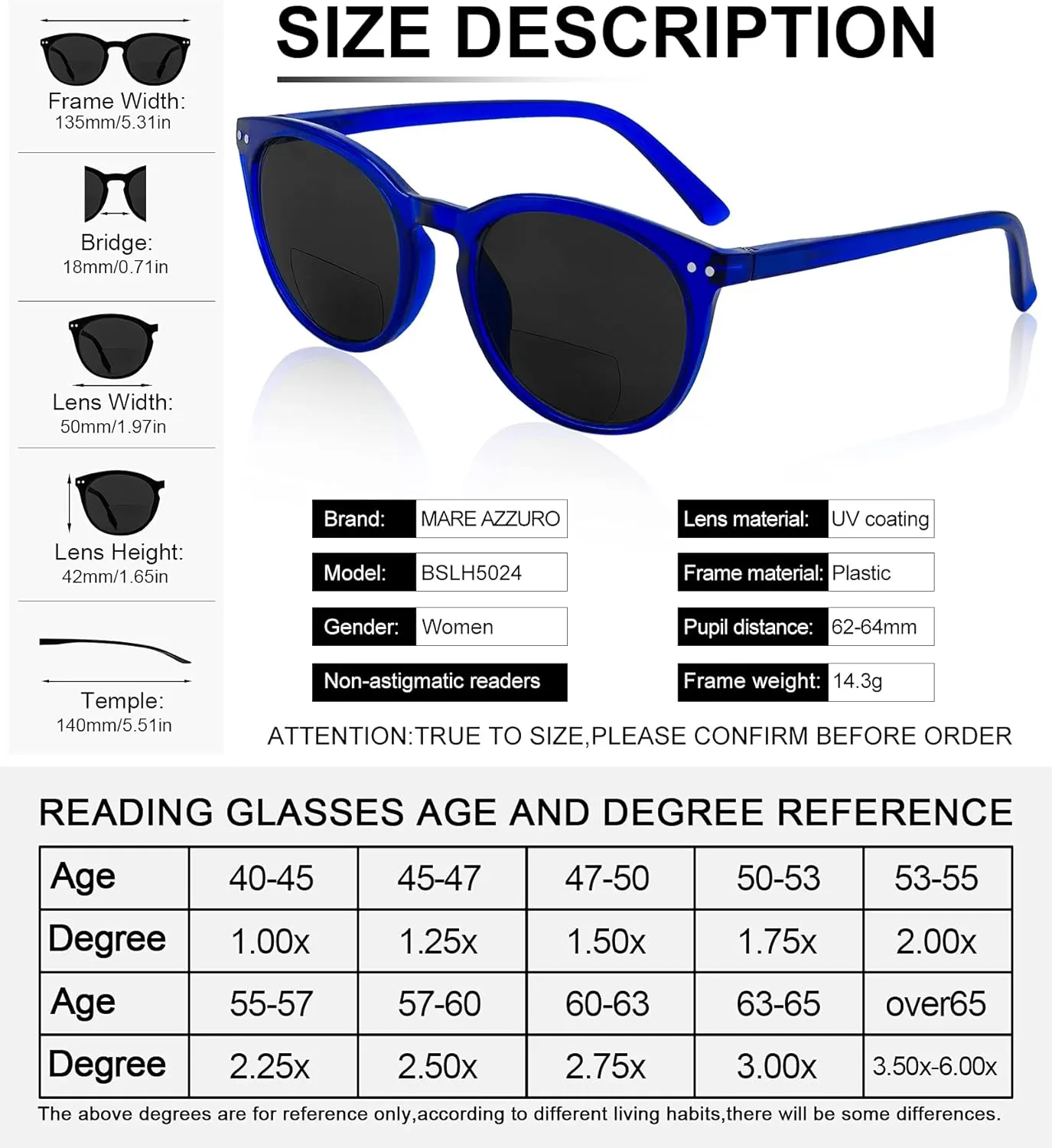 MARE AZZURO Round Bifocal Reading Sunglasses Women Large Outdoor Readers 1.00 1.50 2.00 2.50 3.00 3.50 (Blue, 1.0)