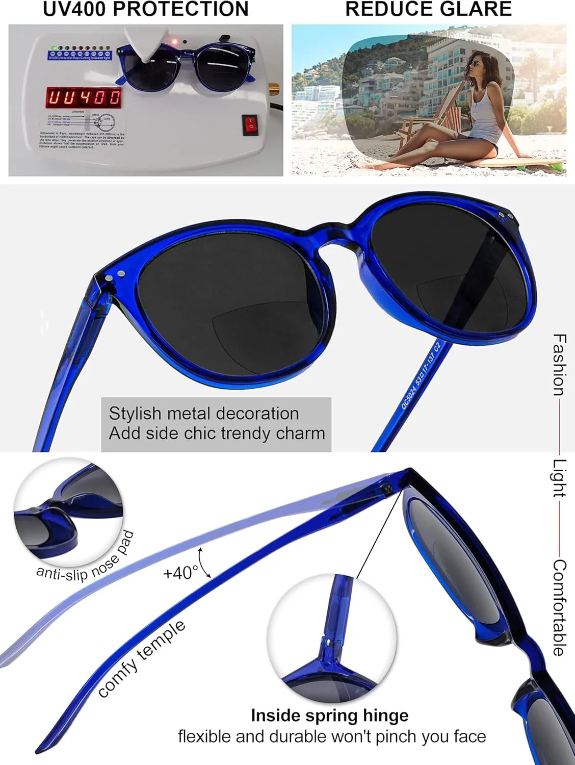 MARE AZZURO Round Bifocal Reading Sunglasses Women Large Outdoor Readers 1.00 1.50 2.00 2.50 3.00 3.50 (Blue, 1.0)