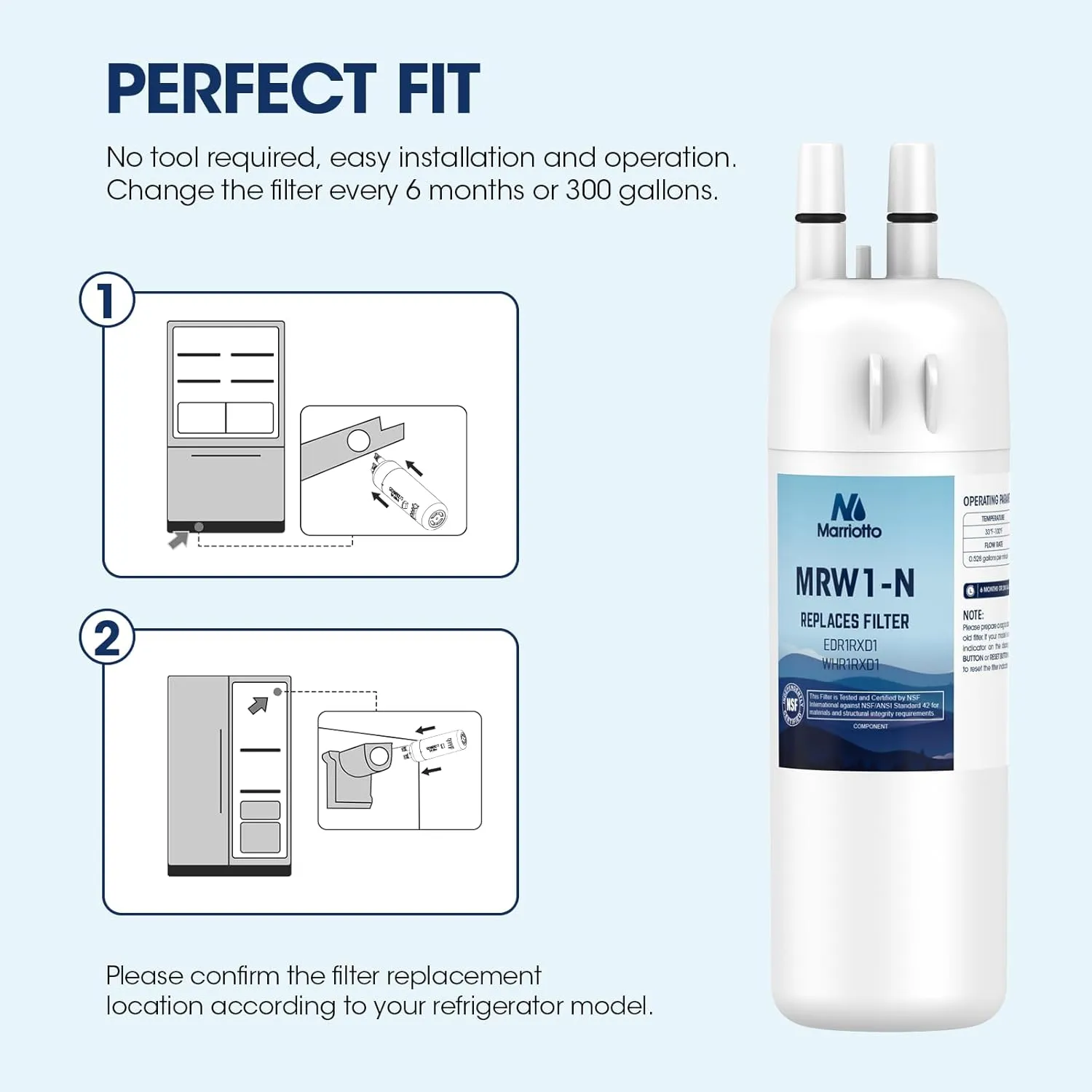 MARRIOTTO EDR1RXD1 Refrigerator Water Filter Compatible with Whirlpool W10295370A, WHR1RXD1, KAD1RXD1, Filter 1, W10295370, P4RFWB, P8RFWB2L, 46-9930, 46-9081 Refrigerator Water Filter, Pack of 3