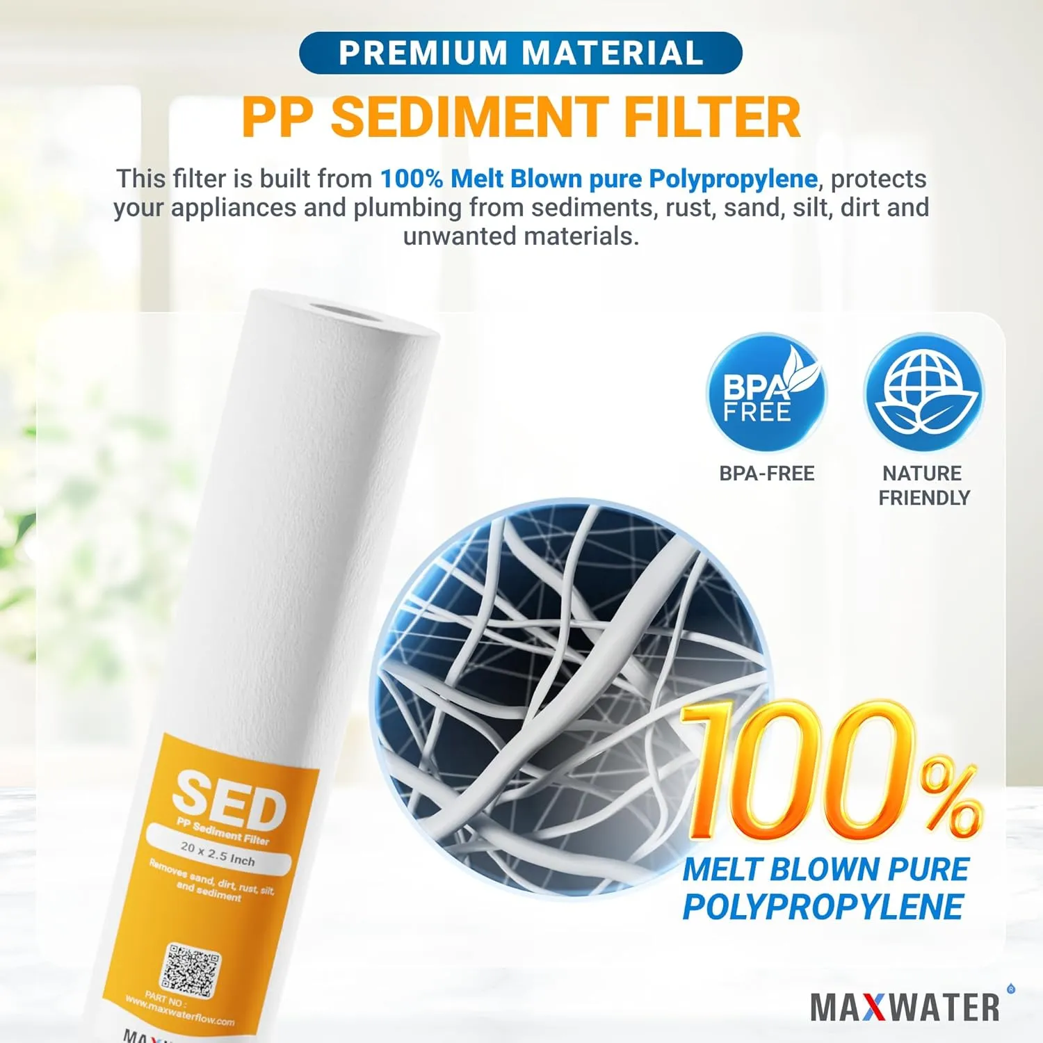 Max Water Slim Blue 5 Micron 20 inch x 2.5 inch Whole House Melt-Blown Polypropylene Sediment Water Filter Replacement Cartridge (Pack of 25)