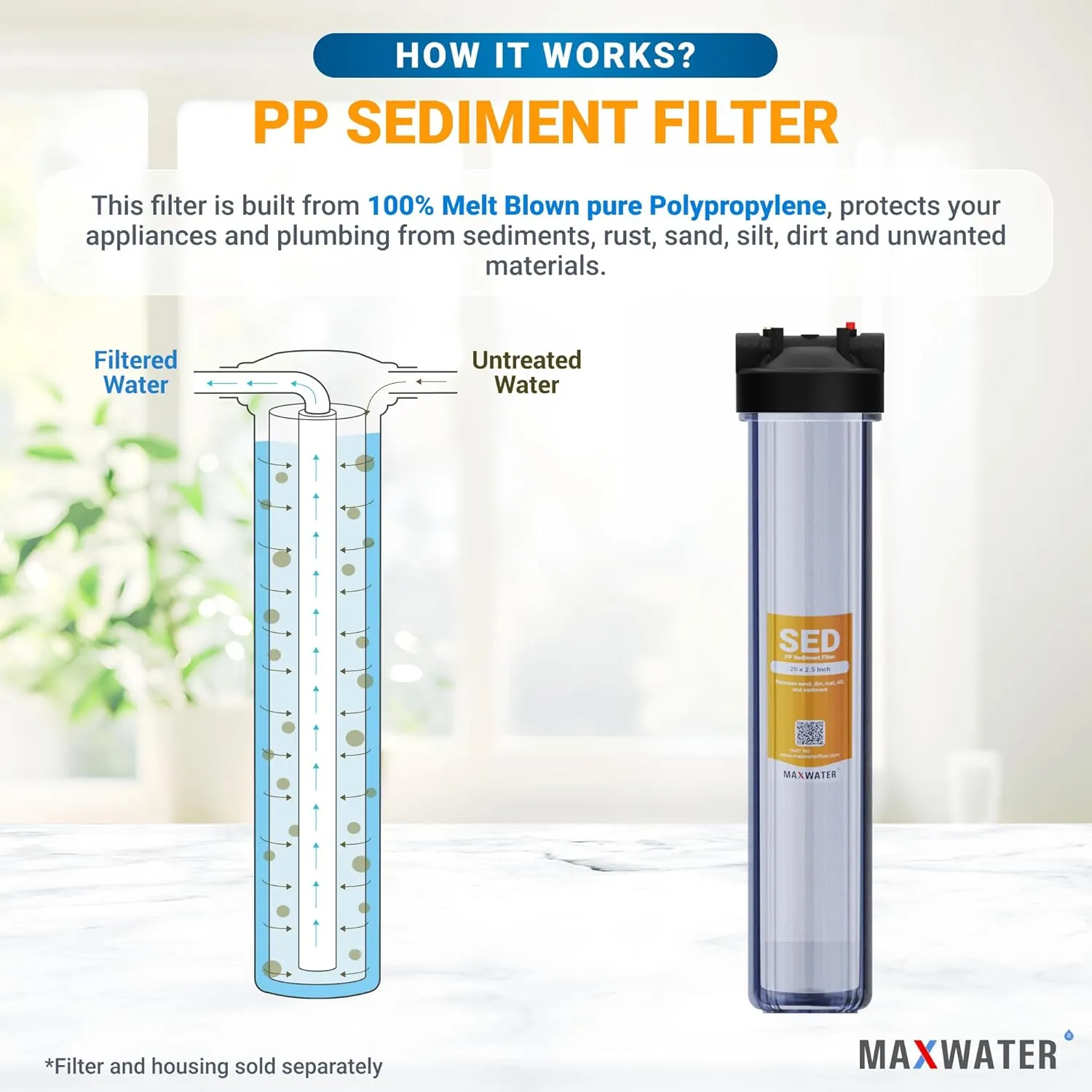 Max Water Slim Blue 5 Micron 20 inch x 2.5 inch Whole House Melt-Blown Polypropylene Sediment Water Filter Replacement Cartridge (Pack of 25)