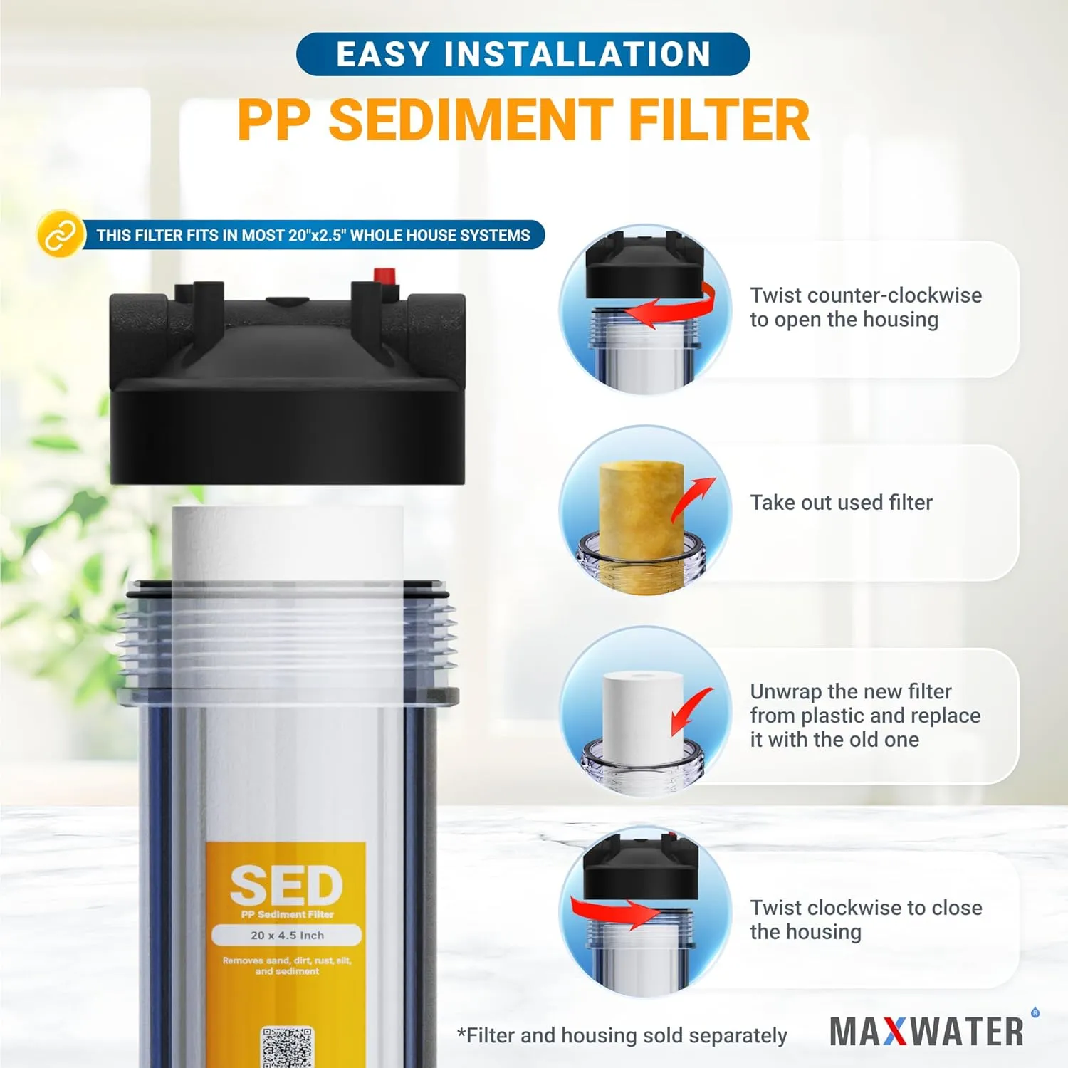 Max Water Slim Blue 5 Micron 20 inch x 2.5 inch Whole House Melt-Blown Polypropylene Sediment Water Filter Replacement Cartridge (Pack of 25)