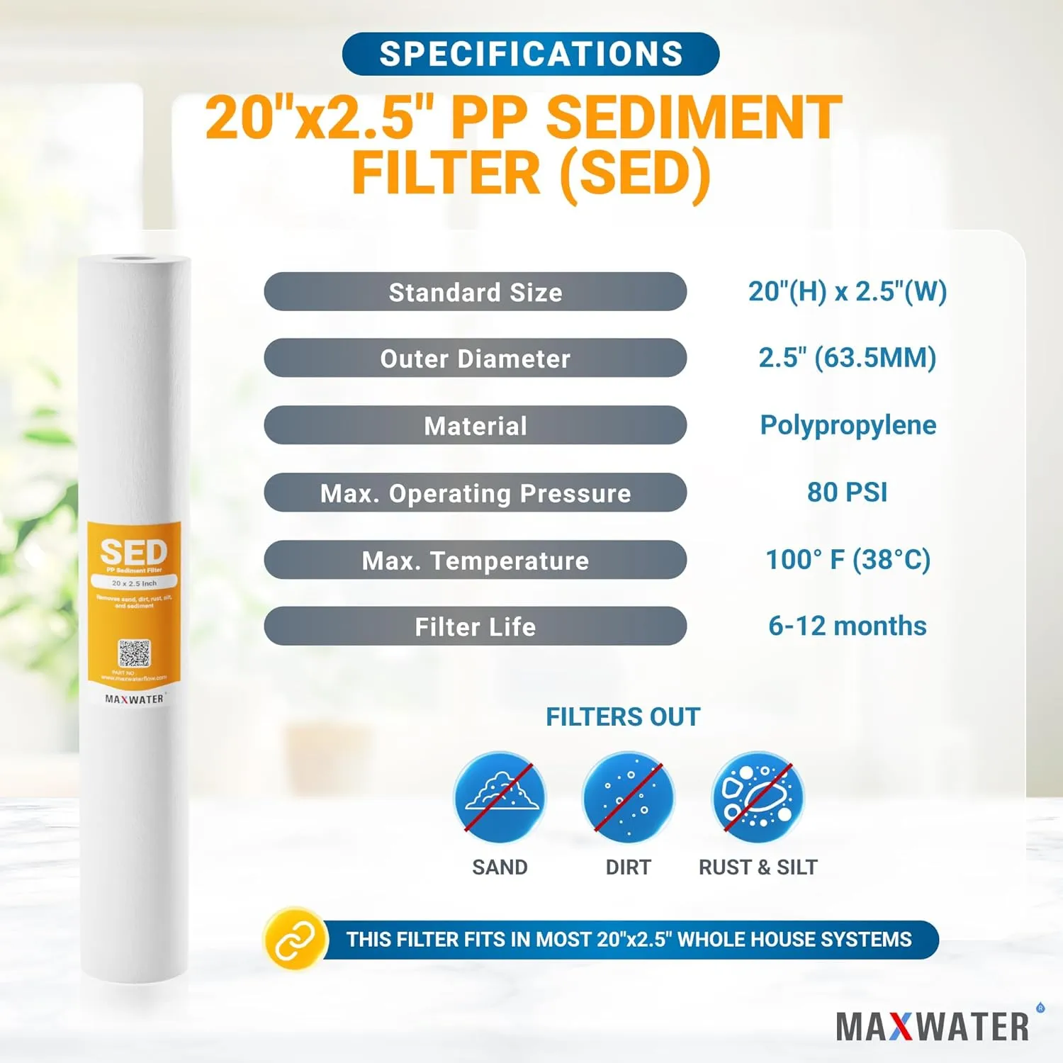 Max Water Slim Blue 5 Micron 20 inch x 2.5 inch Whole House Melt-Blown Polypropylene Sediment Water Filter Replacement Cartridge (Pack of 25)