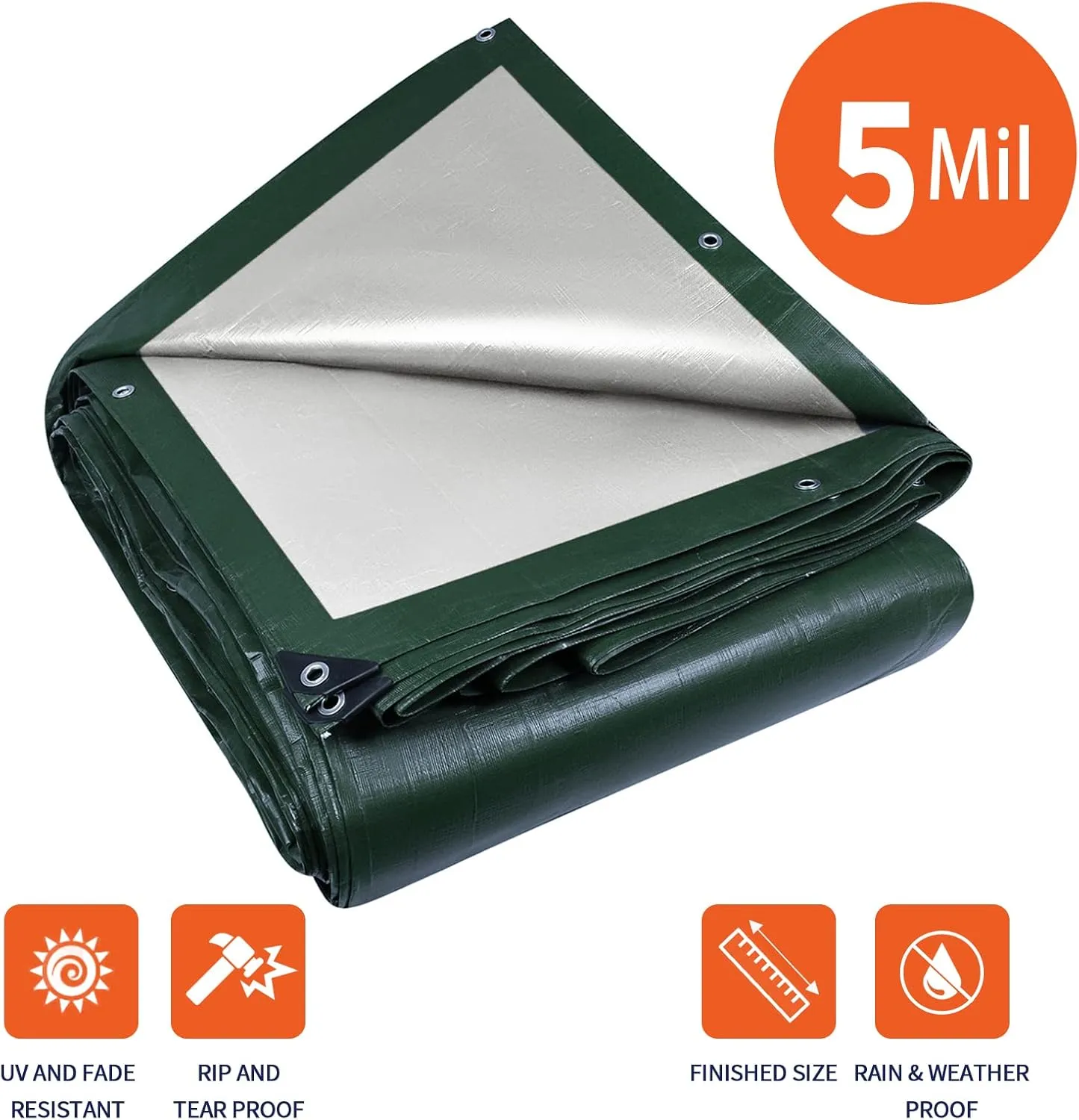 Medium Duty Waterproof 5 Mil. Reversible (Hunter Green/White) Tarp Cover, UV Resistant, Rip and Tear Proof Tarpaulin with Reinforced Edges - for Roof, Camping, Patio, Pool Cover, Boat (10'X15')