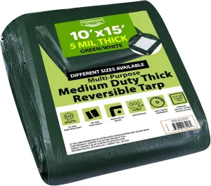 Medium Duty Waterproof 5 Mil. Reversible (Hunter Green/White) Tarp Cover, UV Resistant, Rip and Tear Proof Tarpaulin with Reinforced Edges - for Roof, Camping, Patio, Pool Cover, Boat (10'X15')