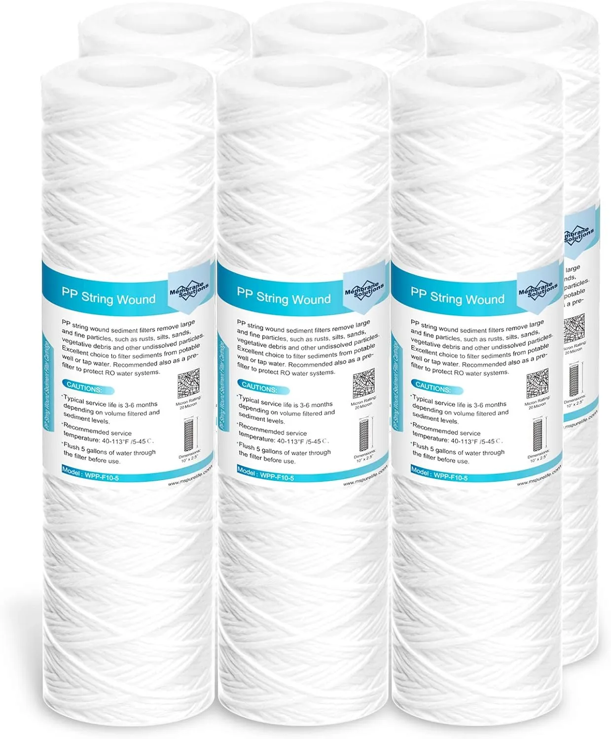 Membrane Solutions 20 Micron 10"x2.5" String Wound Whole House Water Filter Replacement Cartridge Universal Sediment Filters for Well Water - 6 Pack