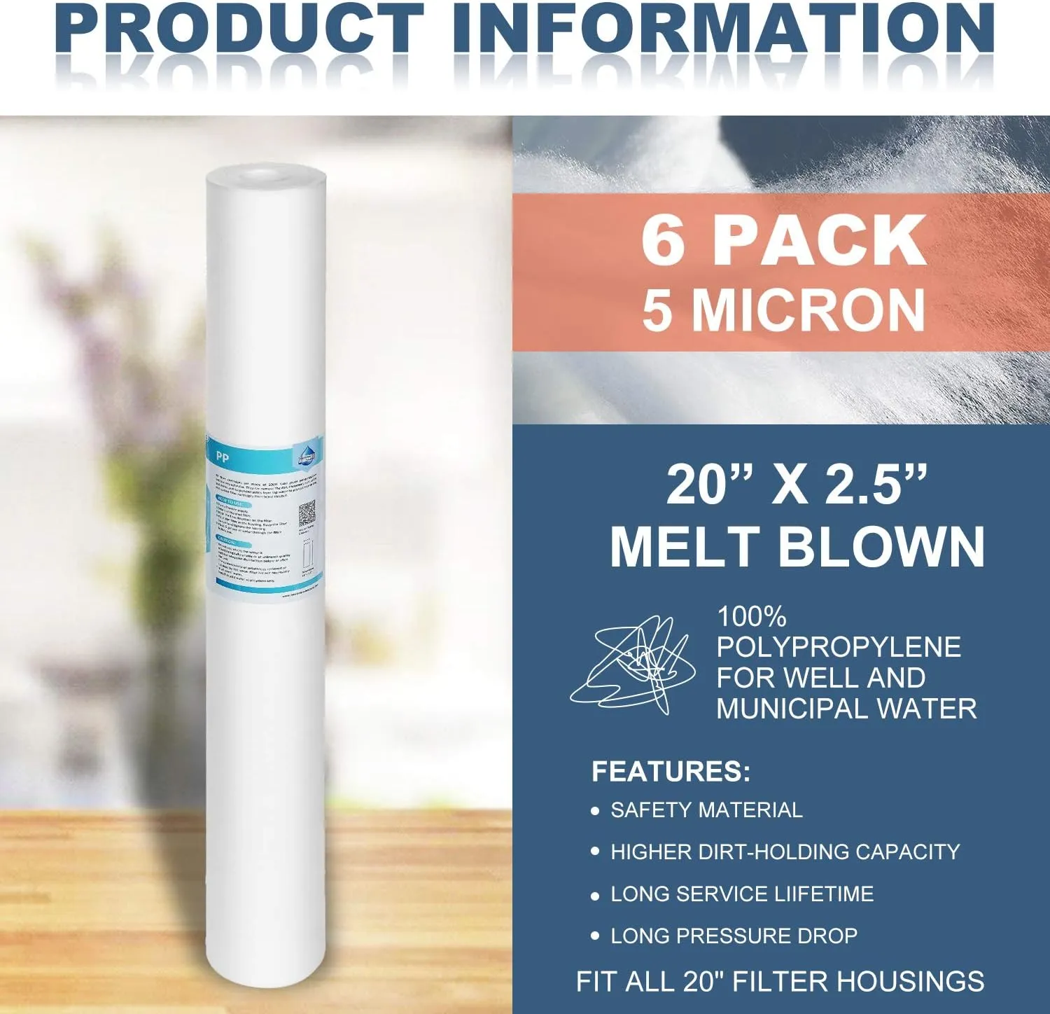 Membrane Solutions 5 Micron Sediment Water Filter Replacement Polypropylene Cartridge 20" x 2.5" for Whole House Filter System - 6 Pack