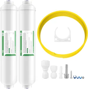 Membrane Solutions Inline Water Filter Kit for Refrigerator and Ice Maker, Reduces Chlorine Taste and Odor, Compatible with 1/4" & 3/8" Pipes, Ideal for Drinking Water and Filtered Ice, 2 Pack