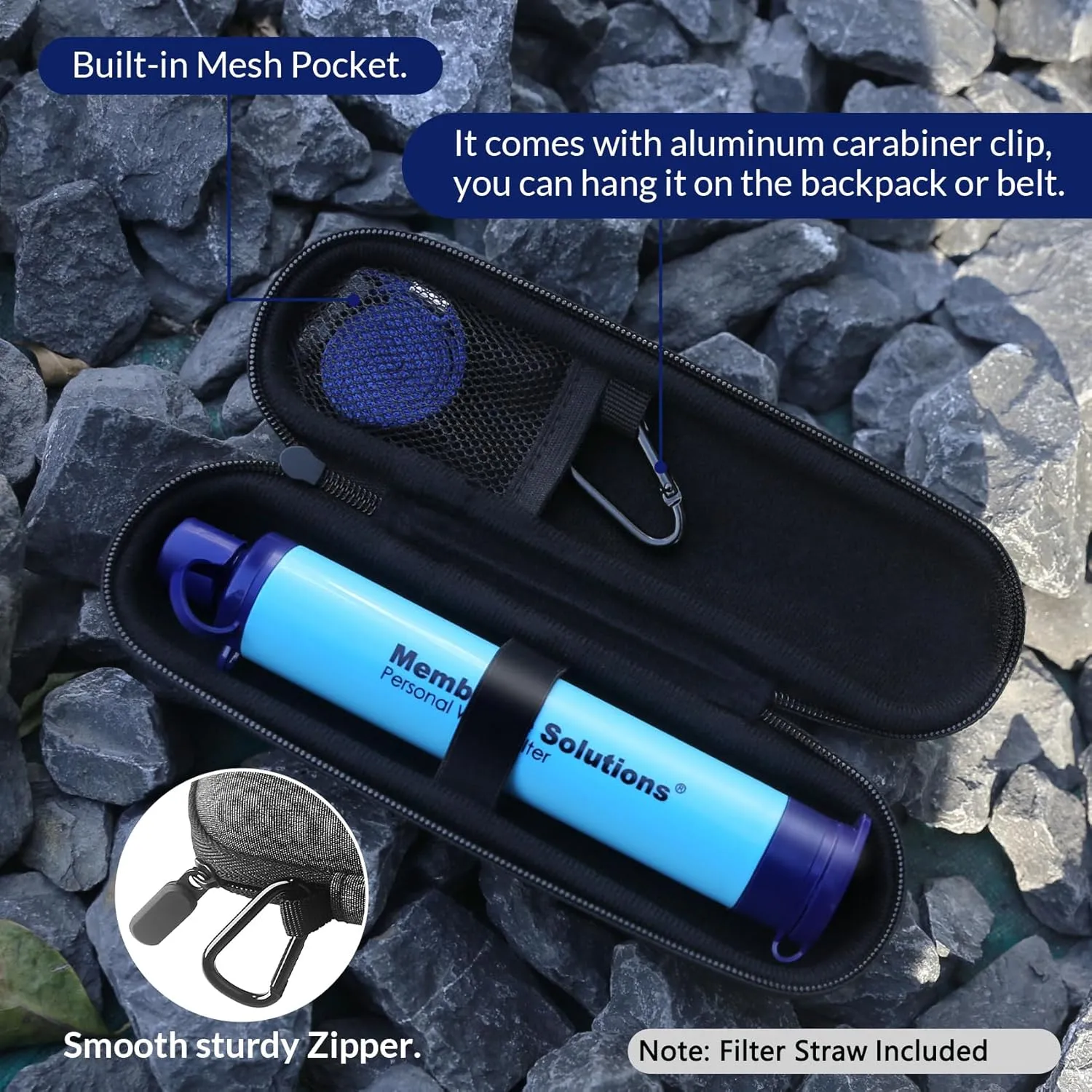 Membrane Solutions Personal Water Filter Straw with an Official Carry Case, Emergency Water Filter and Case Survival, Lightweight Water Purifier with Zip Lock Bag for Camping Hiking Gear(Blue)