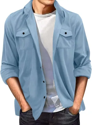 Mens Casual Shirt Jacket Winter Faux Suede Fleece Warm Lightweight Outwear Button Pocket Solid Lapel Long Sleeve Coat