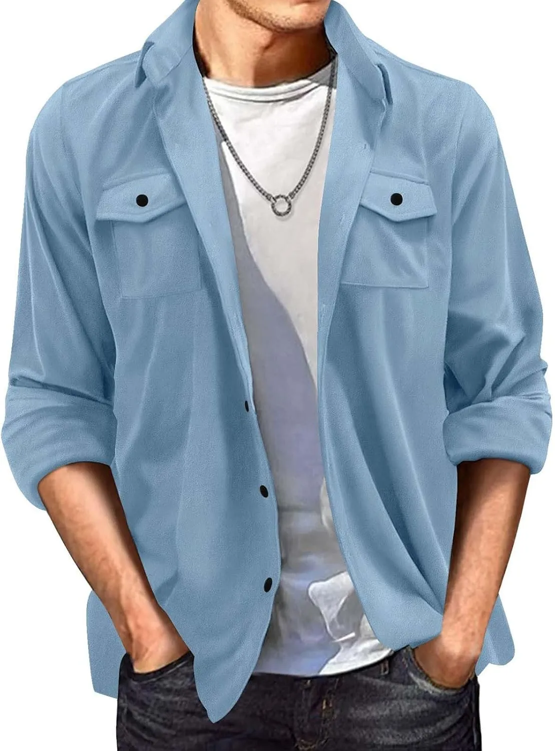 Mens Casual Shirt Jacket Winter Faux Suede Fleece Warm Lightweight Outwear Button Pocket Solid Lapel Long Sleeve Coat
