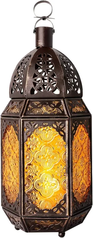 Metal Glass Ramadan Candle Lantern, Moroccan Style Portable Candle Holder Pavilion Shape Bowl Bottom Decorative Hanging Lamp Wind Lantern Décor for Home Patio Balcony Garden - Copper   Yellow
