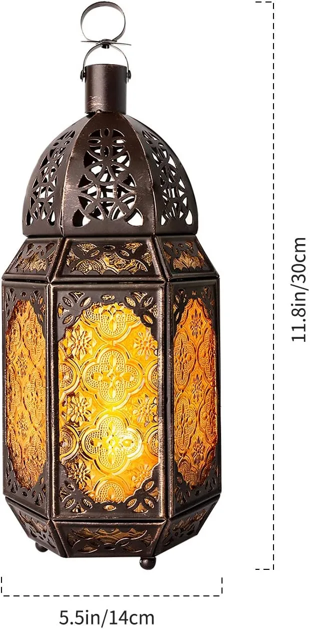 Metal Glass Ramadan Candle Lantern, Moroccan Style Portable Candle Holder Pavilion Shape Bowl Bottom Decorative Hanging Lamp Wind Lantern Décor for Home Patio Balcony Garden - Copper   Yellow