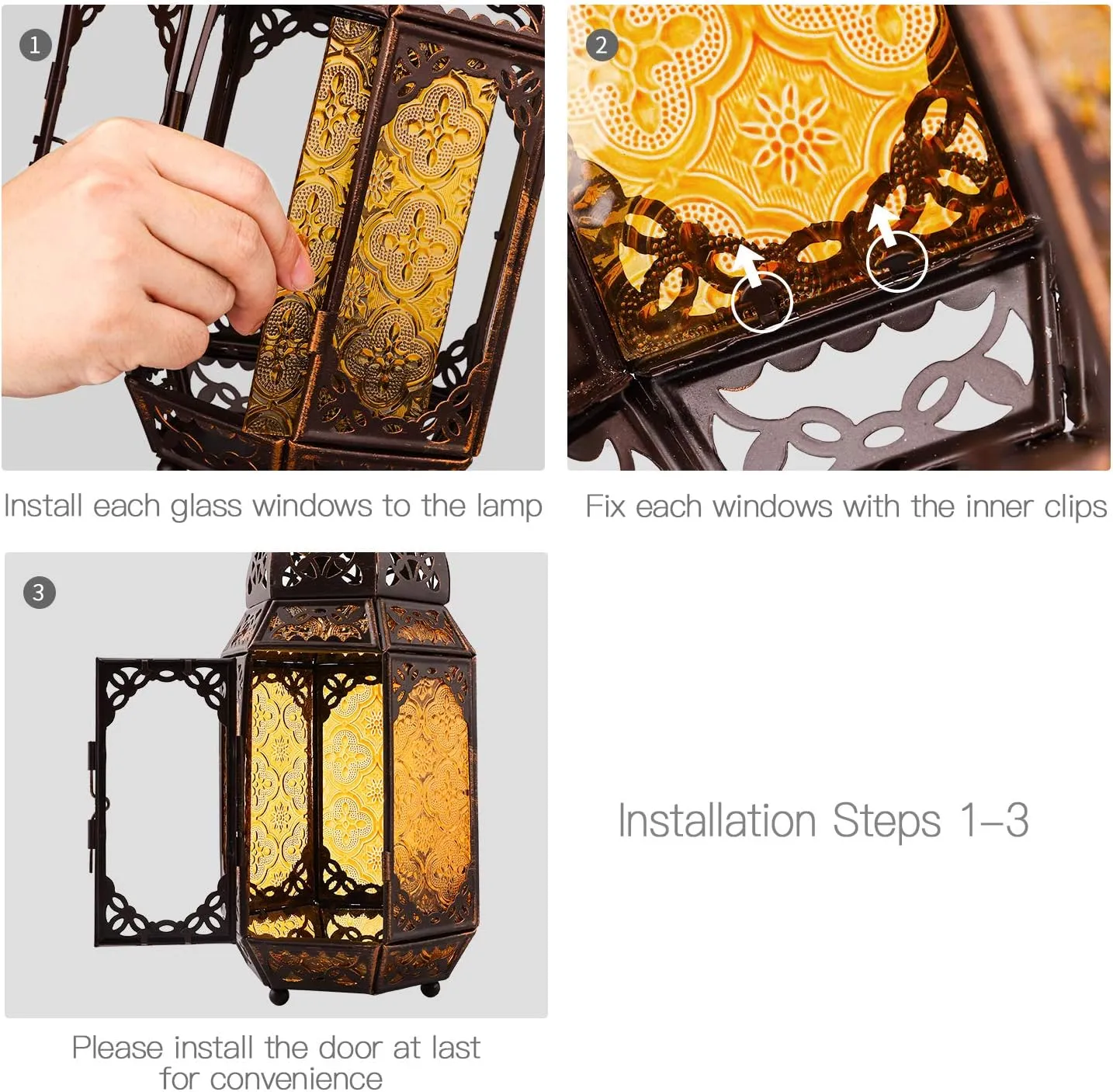 Metal Glass Ramadan Candle Lantern, Moroccan Style Portable Candle Holder Pavilion Shape Bowl Bottom Decorative Hanging Lamp Wind Lantern Décor for Home Patio Balcony Garden - Copper   Yellow