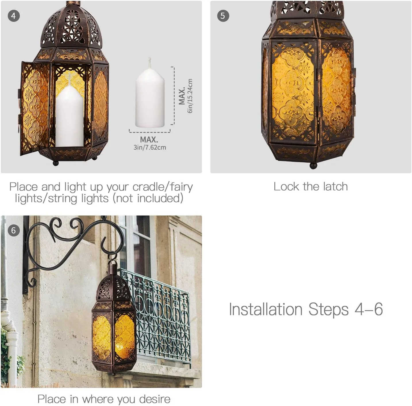 Metal Glass Ramadan Candle Lantern, Moroccan Style Portable Candle Holder Pavilion Shape Bowl Bottom Decorative Hanging Lamp Wind Lantern Décor for Home Patio Balcony Garden - Copper   Yellow