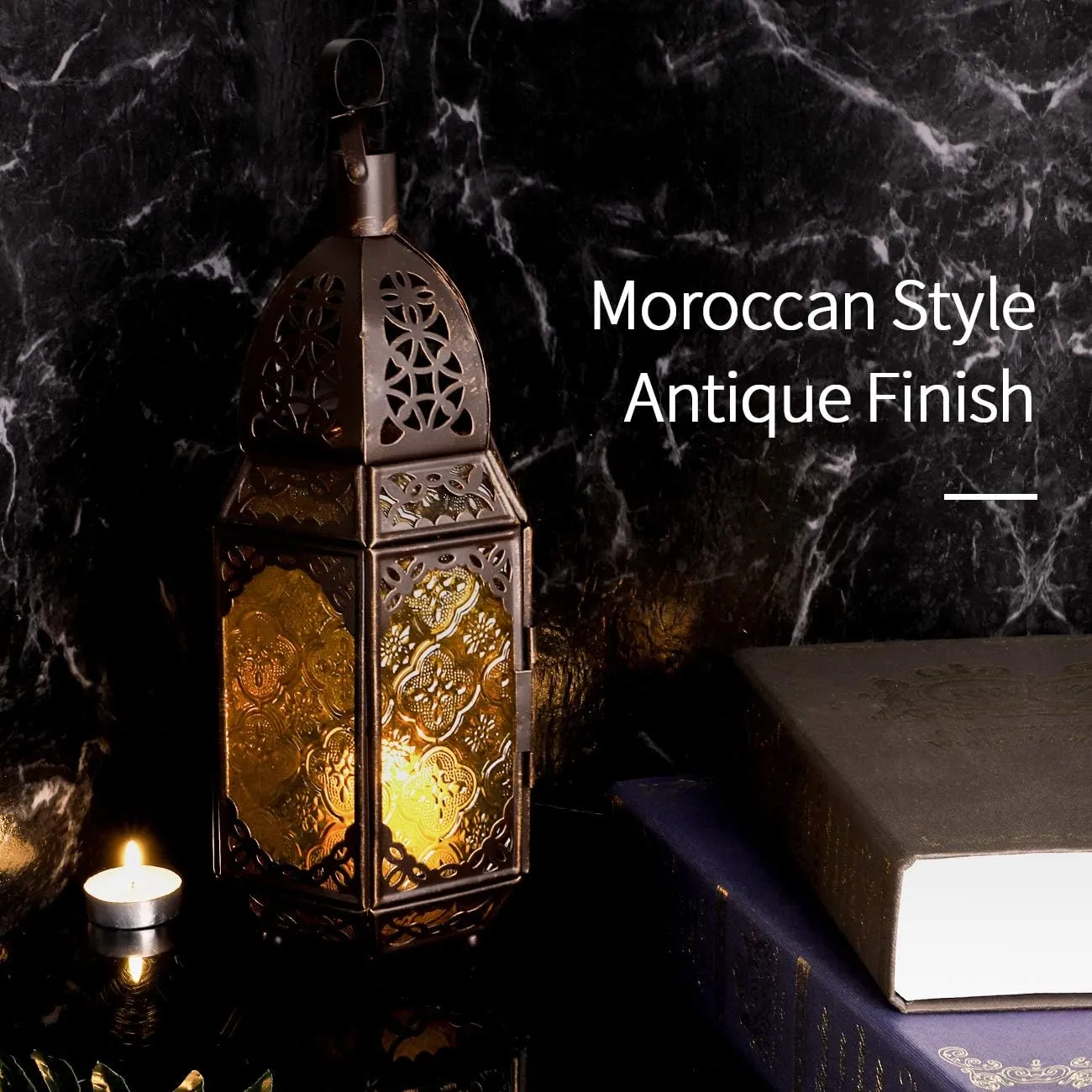 Metal Glass Ramadan Candle Lantern, Moroccan Style Portable Candle Holder Pavilion Shape Bowl Bottom Decorative Hanging Lamp Wind Lantern Décor for Home Patio Balcony Garden - Copper   Yellow
