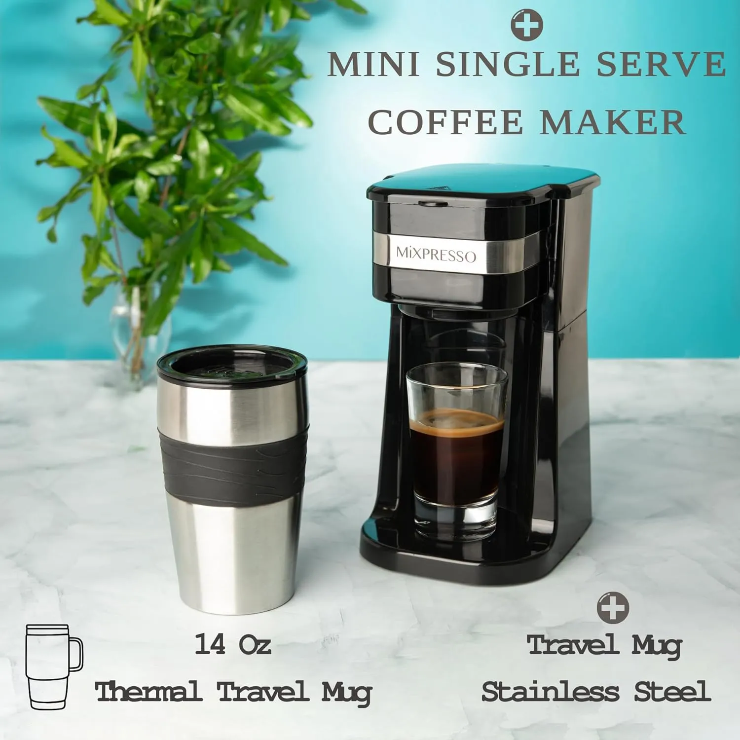 Mixpresso Personal Single Serve Coffee Maker & 14oz Travel Mug, Drip Small Coffee Maker & Tumbler, Auto Shut Off & Reusable Filter, Compatible with Coffee Grounds