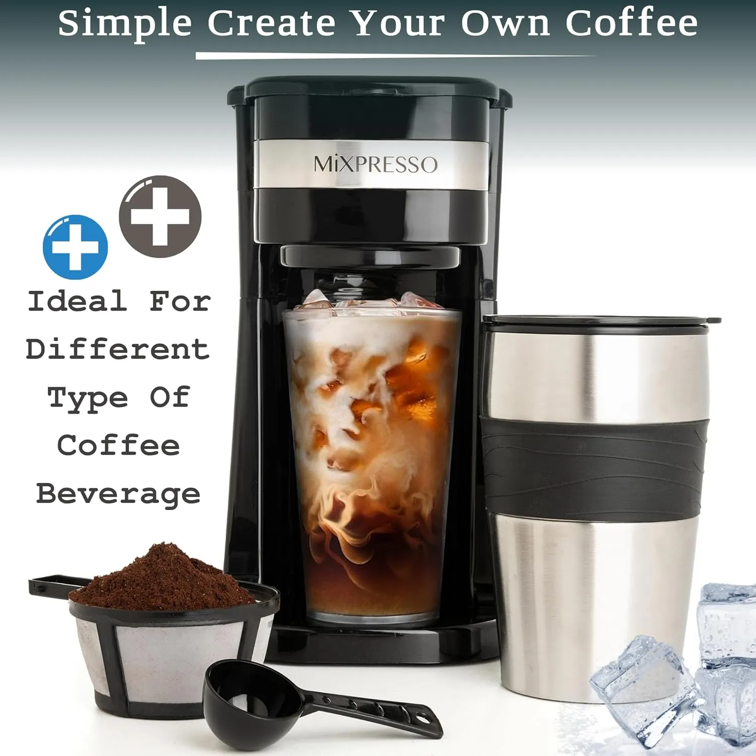 Mixpresso Personal Single Serve Coffee Maker & 14oz Travel Mug, Drip Small Coffee Maker & Tumbler, Auto Shut Off & Reusable Filter, Compatible with Coffee Grounds