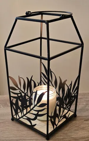 Modern Metal Candle Lantern with Leaf Design and Hanging Ring, Black, Indoor/Outdoor 12" Tall, Decorative, Unique Centerpiece