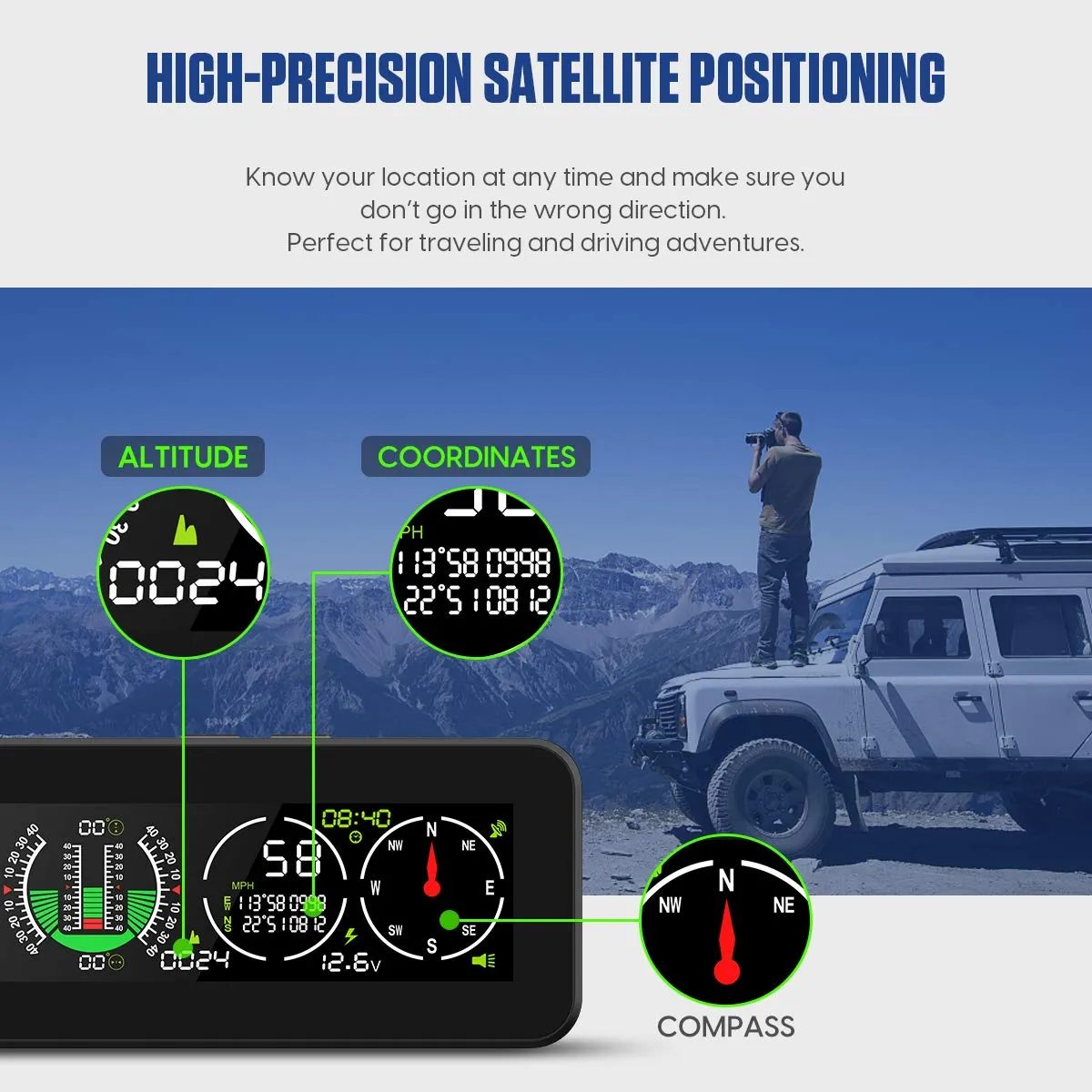 MR CARTOOL M60 Car Inclinometer Digital HUD Pitch Angle Slope Meter MPH KMH GPS Speedometer with Compass for Off-Road SUV Vehicles