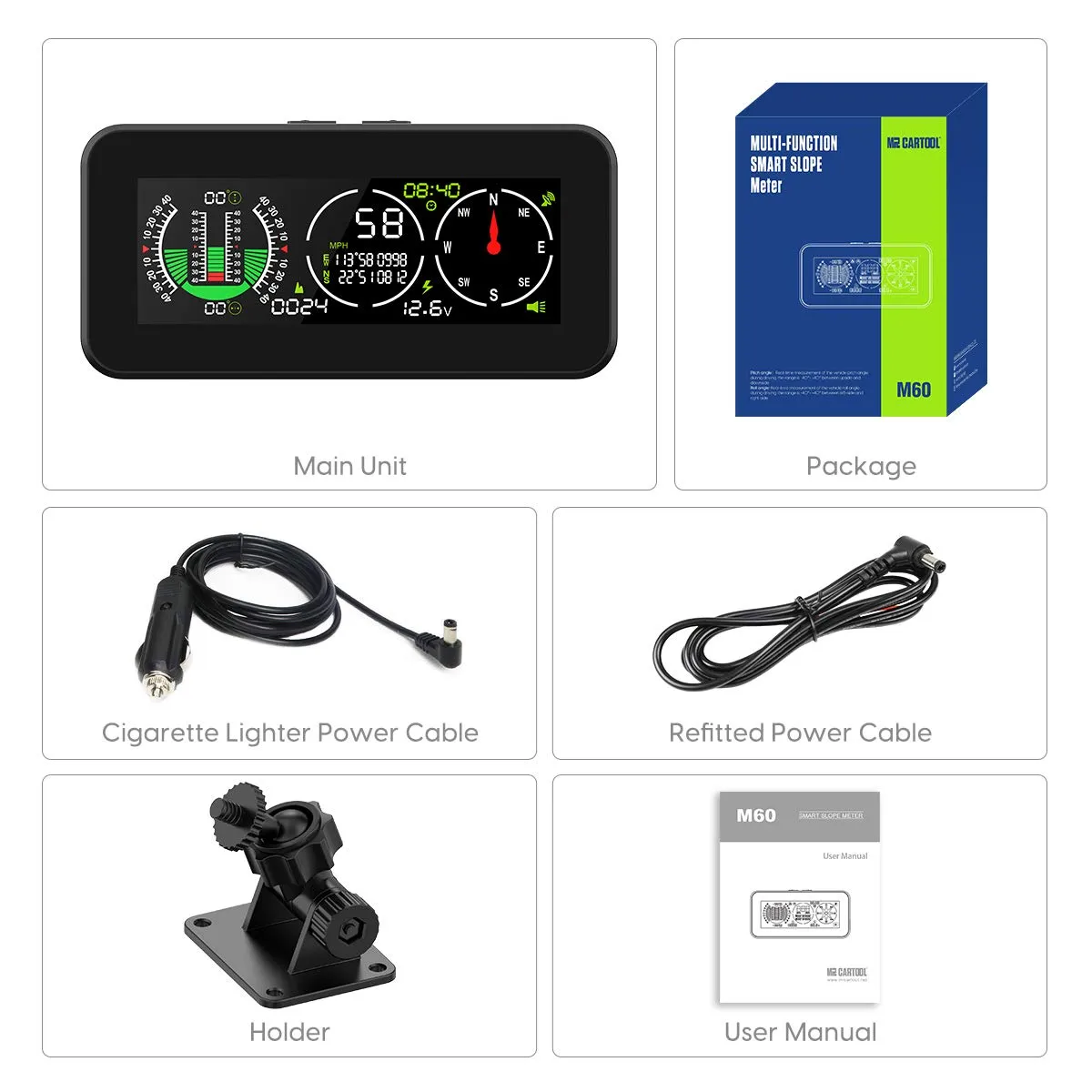 MR CARTOOL M60 Car Inclinometer Digital HUD Pitch Angle Slope Meter MPH KMH GPS Speedometer with Compass for Off-Road SUV Vehicles