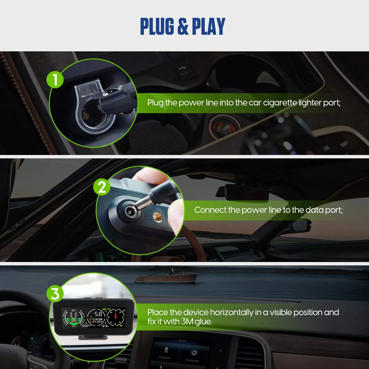 MR CARTOOL M60 Car Inclinometer Digital HUD Pitch Angle Slope Meter MPH KMH GPS Speedometer with Compass for Off-Road SUV Vehicles