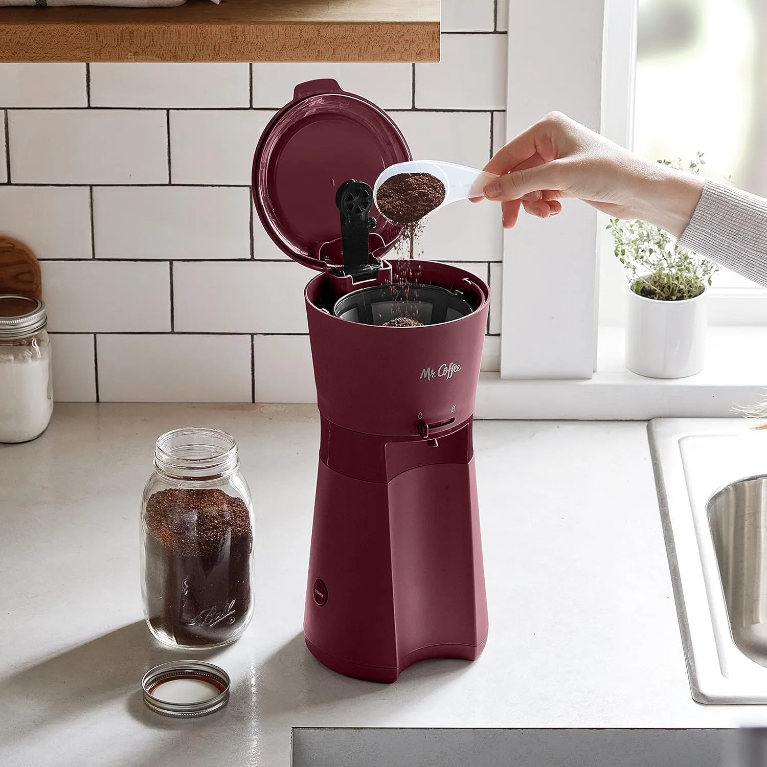 Mr. Coffee Iced Coffee Maker, Single Serve Machine with 22-Ounce Tumbler and Reusable Coffee Filter, Burgundy