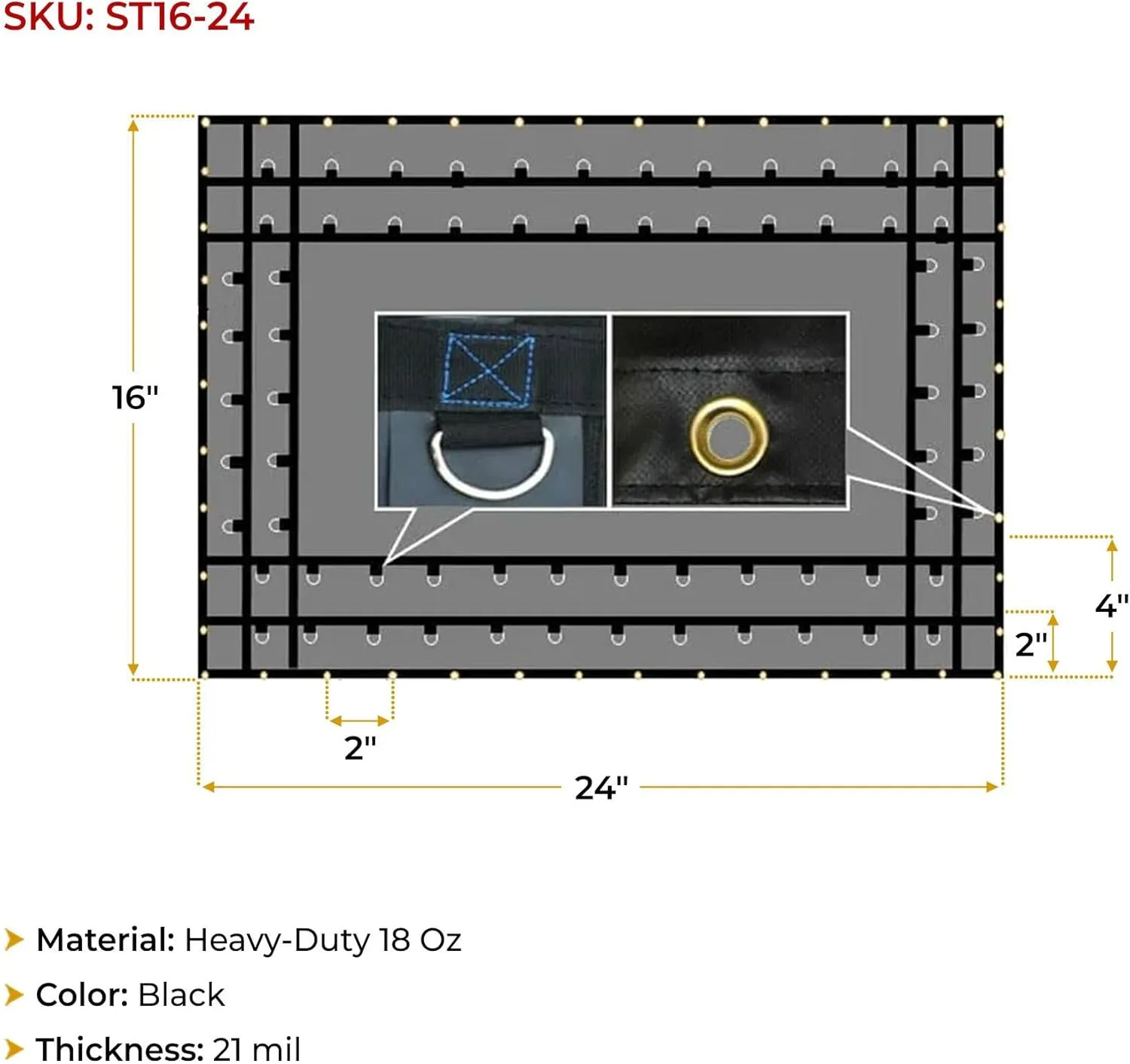 Mytee Products 16' x 24' Flatbed Truck 18 Oz Steel Tarp with 4 FT Drop - Black Heavy Duty Vinyl Waterproof Tarp for Trailers to Protect Cargo from Wind, Rain, Snow and Sun
