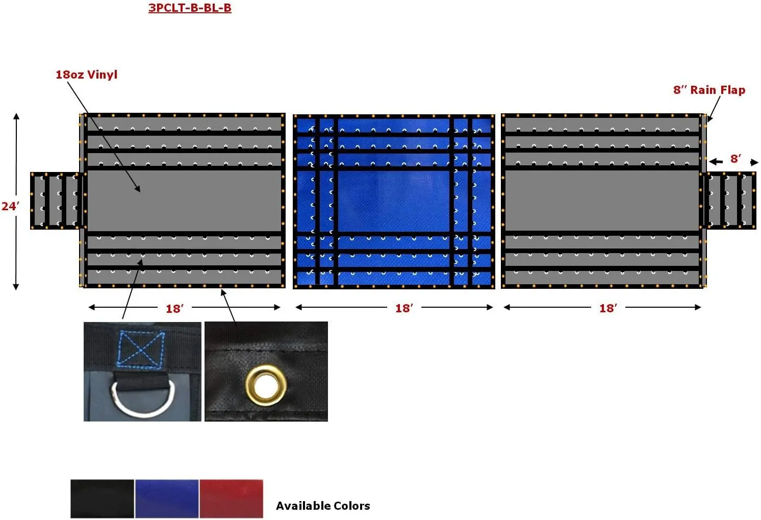 Mytee Products 24'x18' 3 Piece Flatbed Trailer Lumber Tarp with 8 FT Drop - Heavy Duty Black/Blue 18 Oz Vinyl Waterproof Tarp for Truck/Trailers to Protect Cargo from Wind, Rain, Snow and Sun