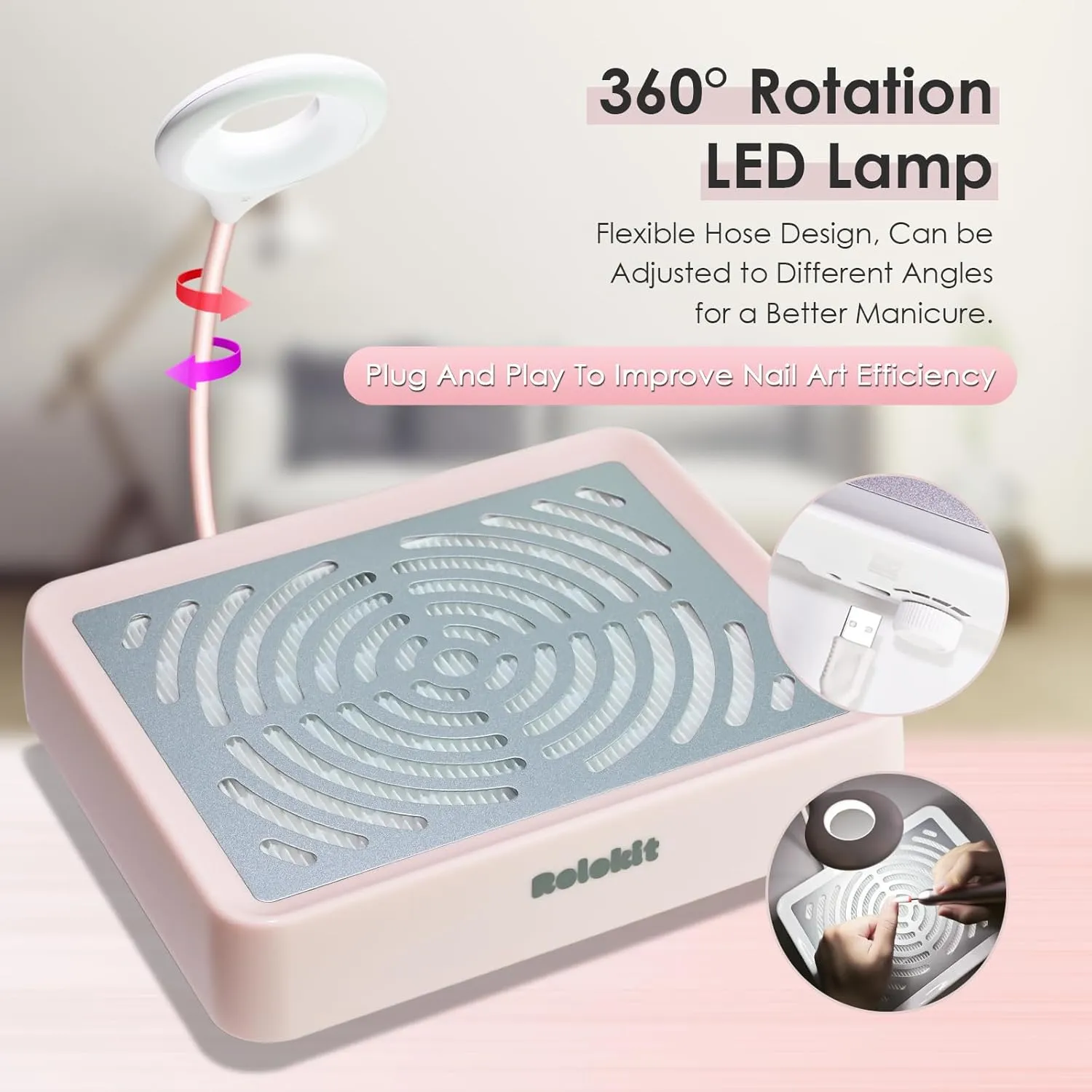 Nail Dust Collector with Lamp & 50pcs Disposable Filter & Dusting Brush, Electric Nail Vacuum Cleaner Dust Fan Suction Machine for Manicure Acrylic Gel Nails Polishing, Low Noise, Salon Home