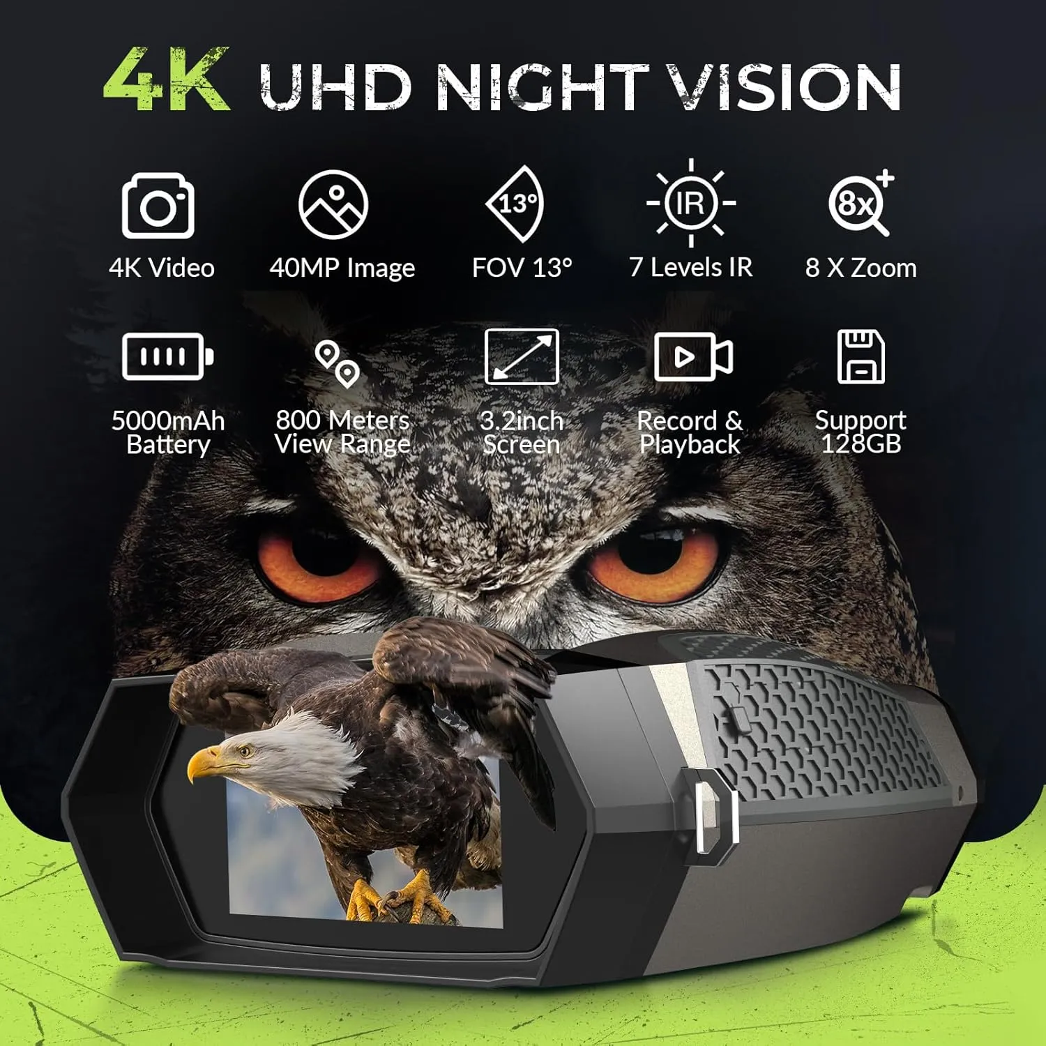 Night Vision Goggles, 3.2” HD Screen, 2625FT View Range, 5000mAh Battery, 7 IR Levels, 8X Zoom, 128GB - 4K Night Vision Binoculars Gift Set with Compass for Wildlife and Security