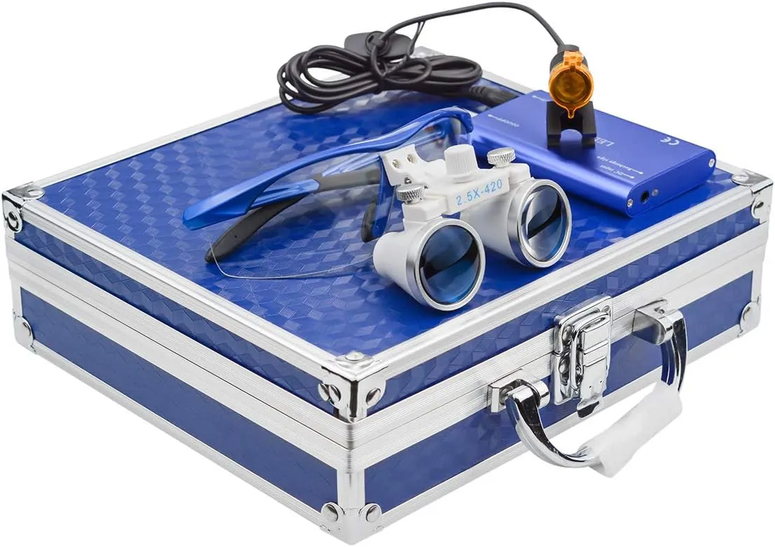 NSKI 2.5X 420mm Binocular Loupes Optical Glasses   3W LED Head Lamp with Filter   Aluminum Box (Blue)