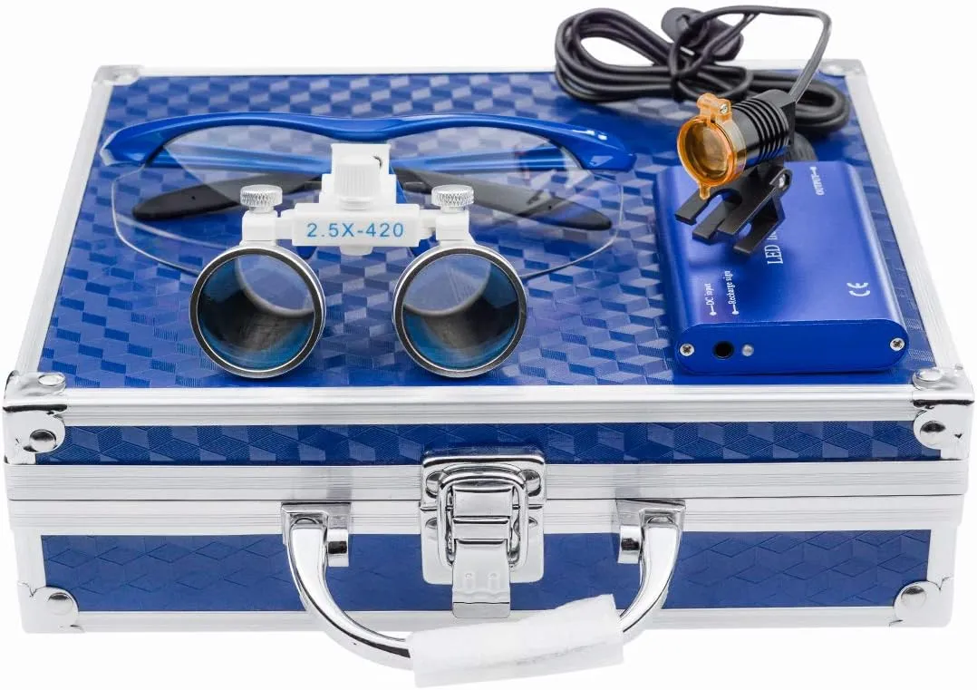 NSKI 2.5X 420mm Binocular Loupes Optical Glasses   3W LED Head Lamp with Filter   Aluminum Box (Blue)