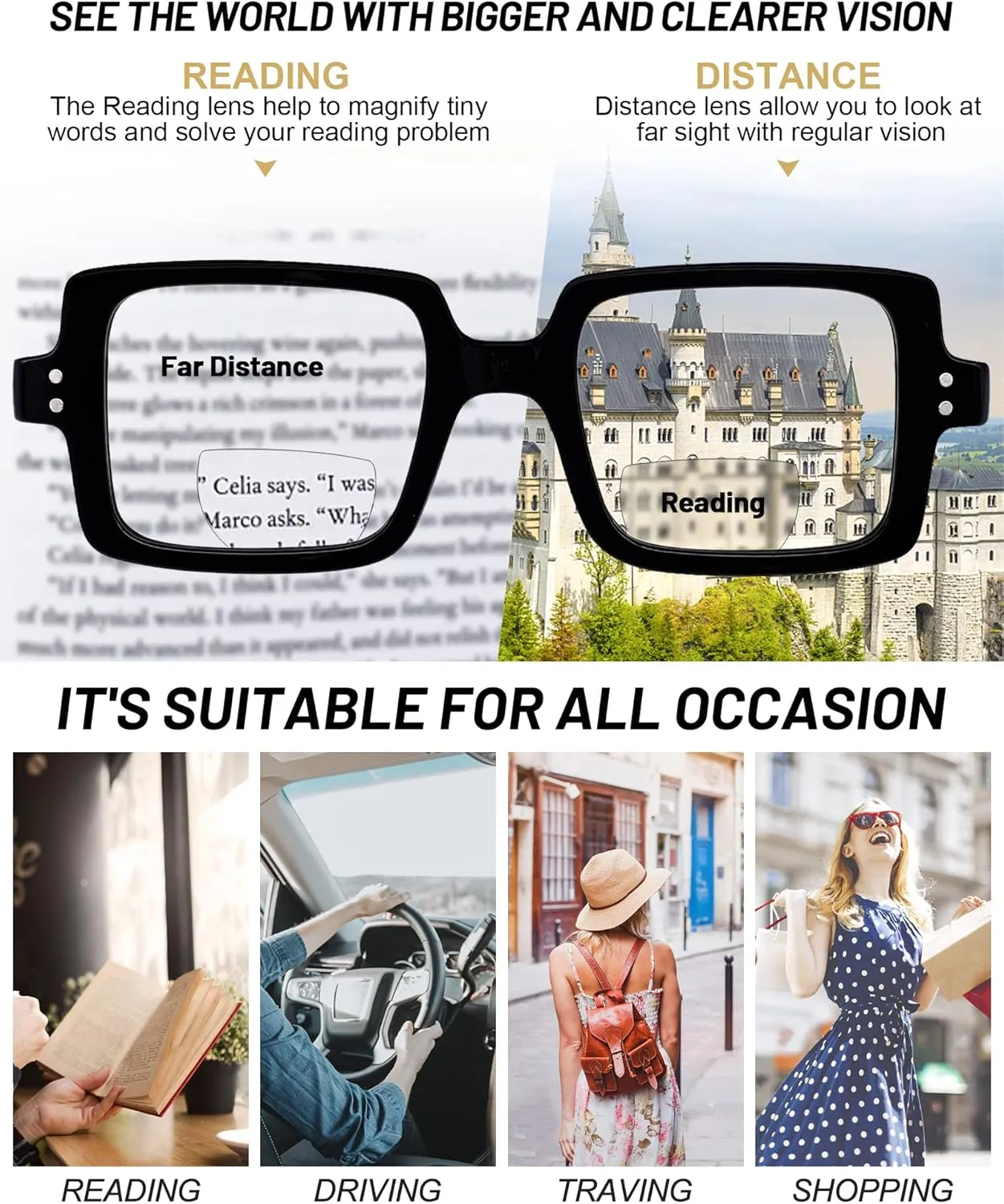 OCCI CHIARI Bifocal Reading Glasses with Clear Top,Blue Light Blocking Transition Readers Women 1.0 1.5 2.0 2.5 3.0 3.5(100  Black)