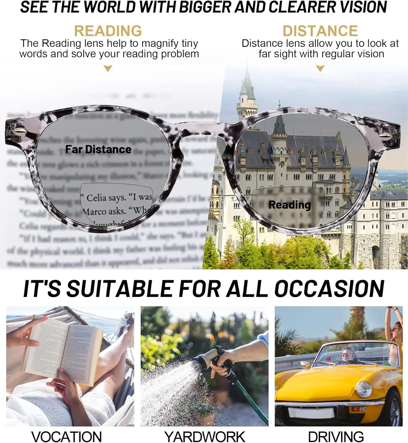 OCCI CHIARI Stylish Bifocal Reading Glasses Lightweight Round Fashion Sunglasses Readers for Women Black flower  1.50
