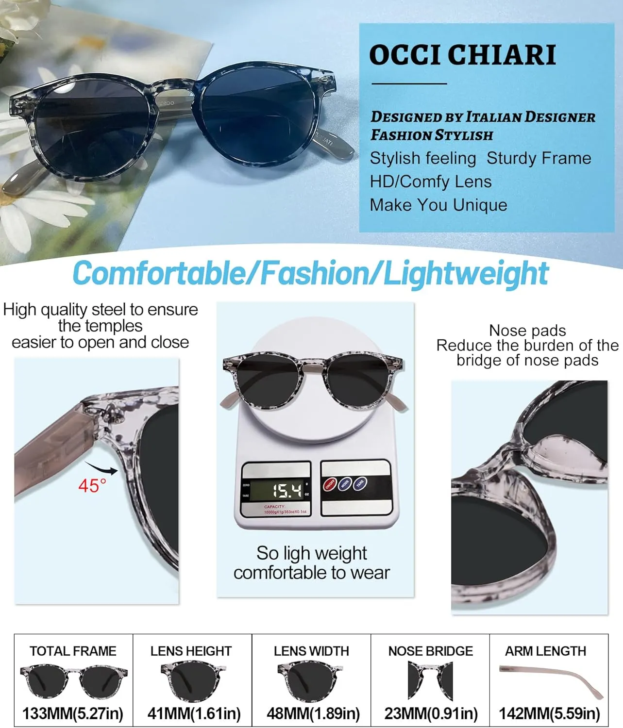 OCCI CHIARI Stylish Bifocal Reading Glasses Lightweight Round Fashion Sunglasses Readers for Women Black flower  1.50