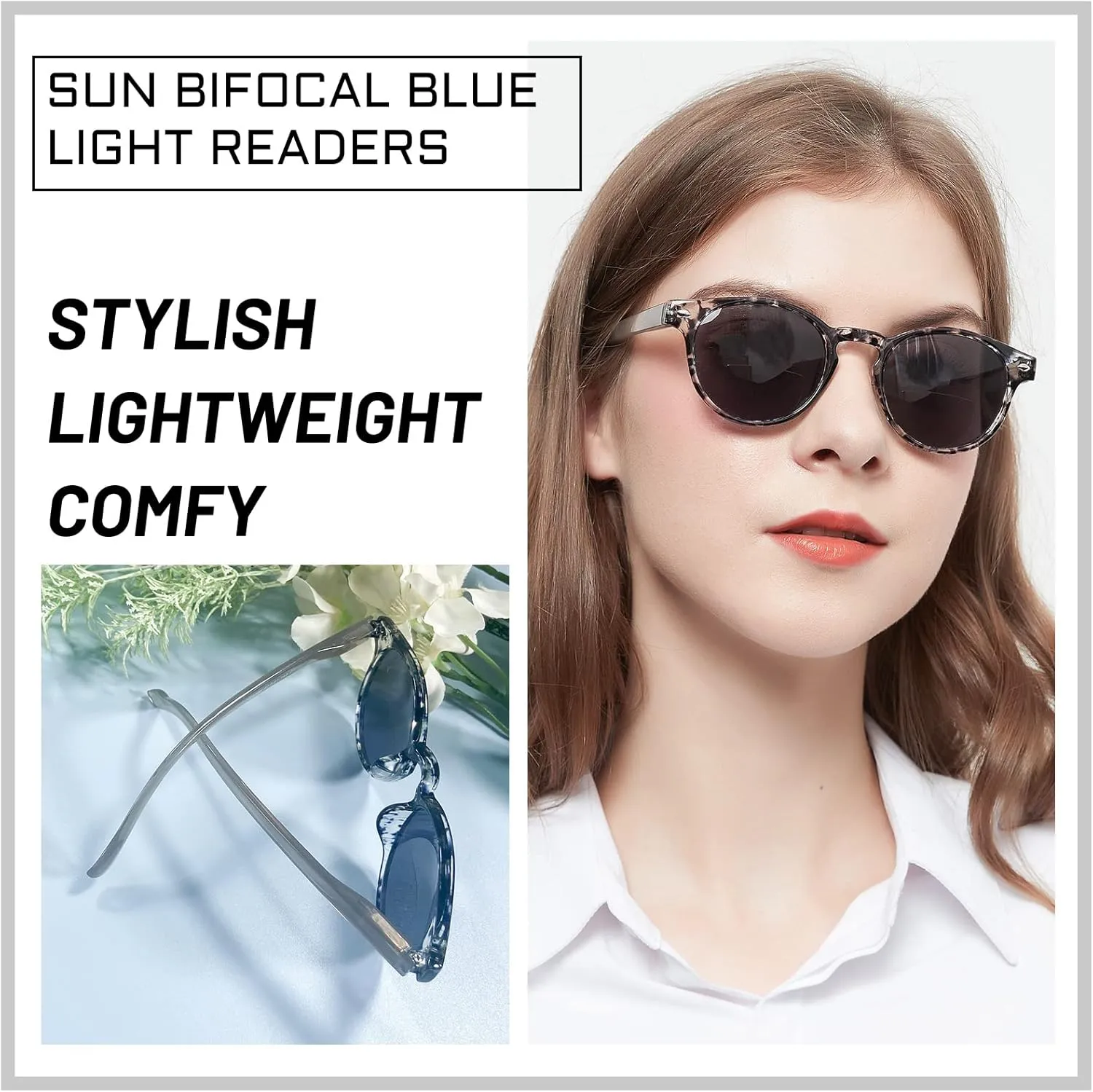 OCCI CHIARI Stylish Bifocal Reading Glasses Lightweight Round Fashion Sunglasses Readers for Women Black flower  1.50