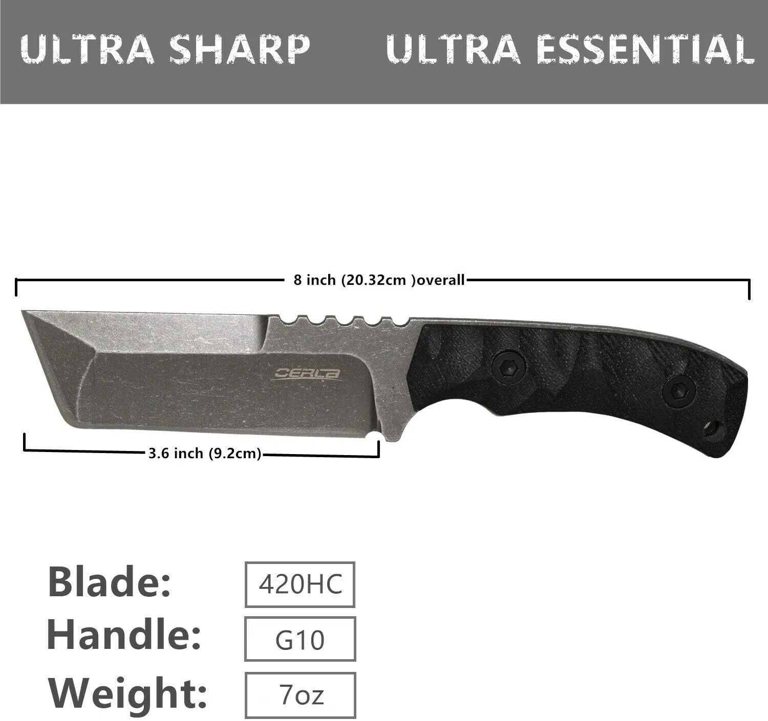 OERLA TAC Knives OLHM-012 Fixed Blade Outdoor Duty Small Cleaver Knife 420HC Stonewashed Stainless Steel Field Knife with G10 Handle Waist Clip EDC Kydex Sheath (Black)