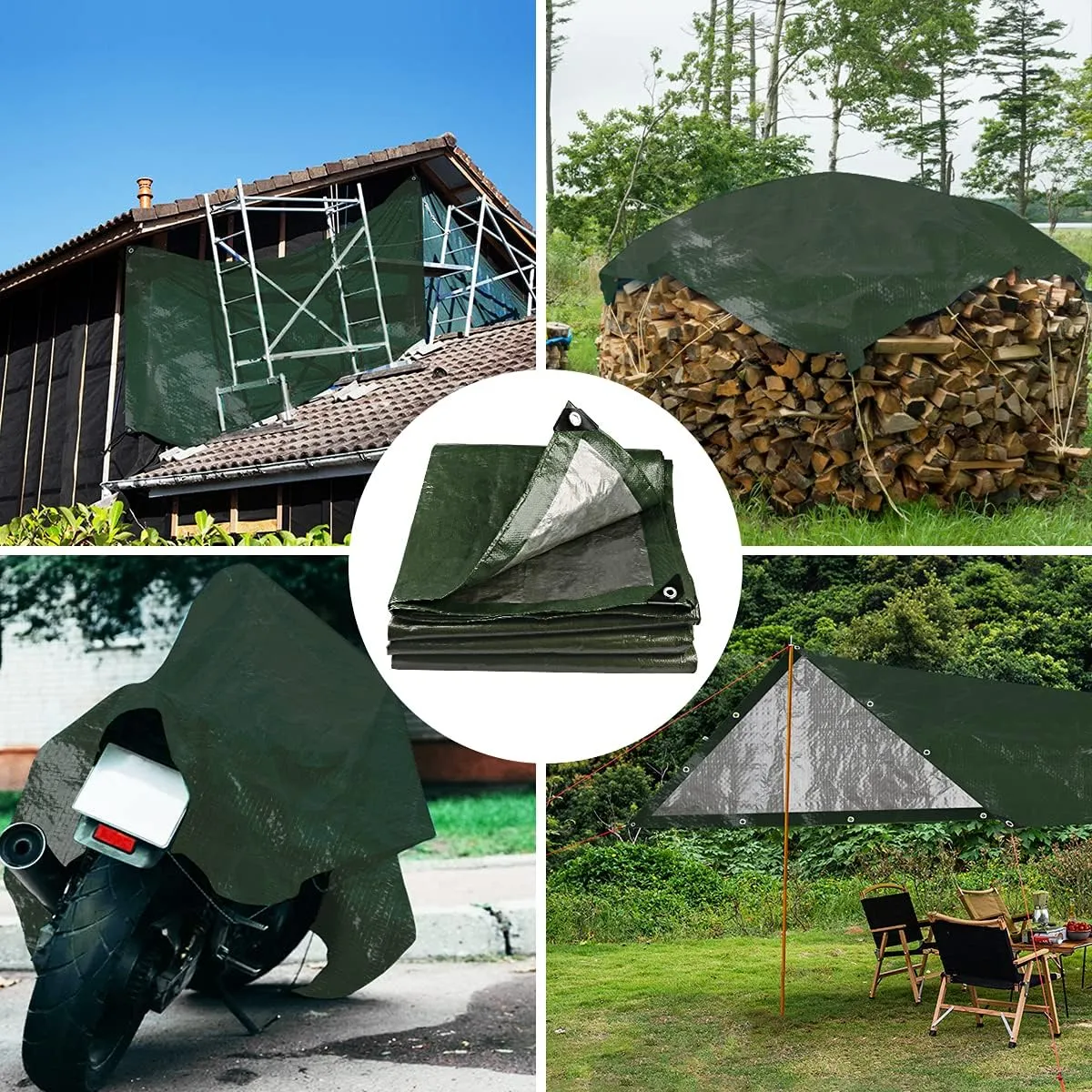 Onarway Poly Tarps Waterproof for Outdoor: Green Tarpaulin 6Mil Thicken 10x10 Ft 2Packs- Anti-UV Waterproof Tarp Cover with Grommets Multipurpose for Boat Pool Roof Camping