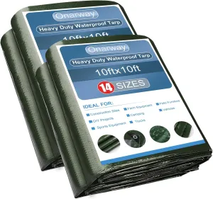 Onarway Poly Tarps Waterproof for Outdoor: Green Tarpaulin 6Mil Thicken 10x10 Ft 2Packs- Anti-UV Waterproof Tarp Cover with Grommets Multipurpose for Boat Pool Roof Camping