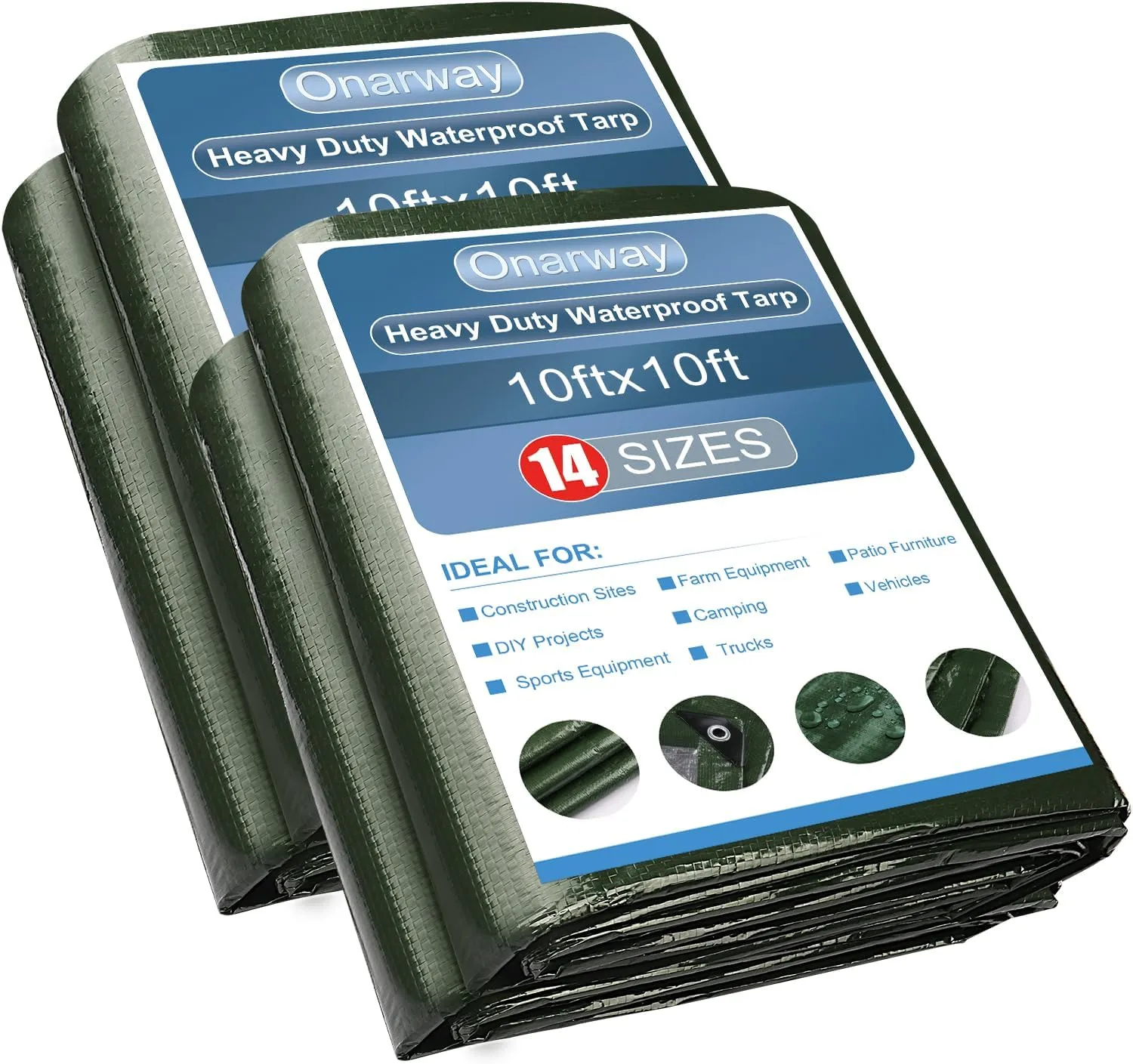 Onarway Poly Tarps Waterproof for Outdoor: Green Tarpaulin 6Mil Thicken 10x10 Ft 2Packs- Anti-UV Waterproof Tarp Cover with Grommets Multipurpose for Boat Pool Roof Camping